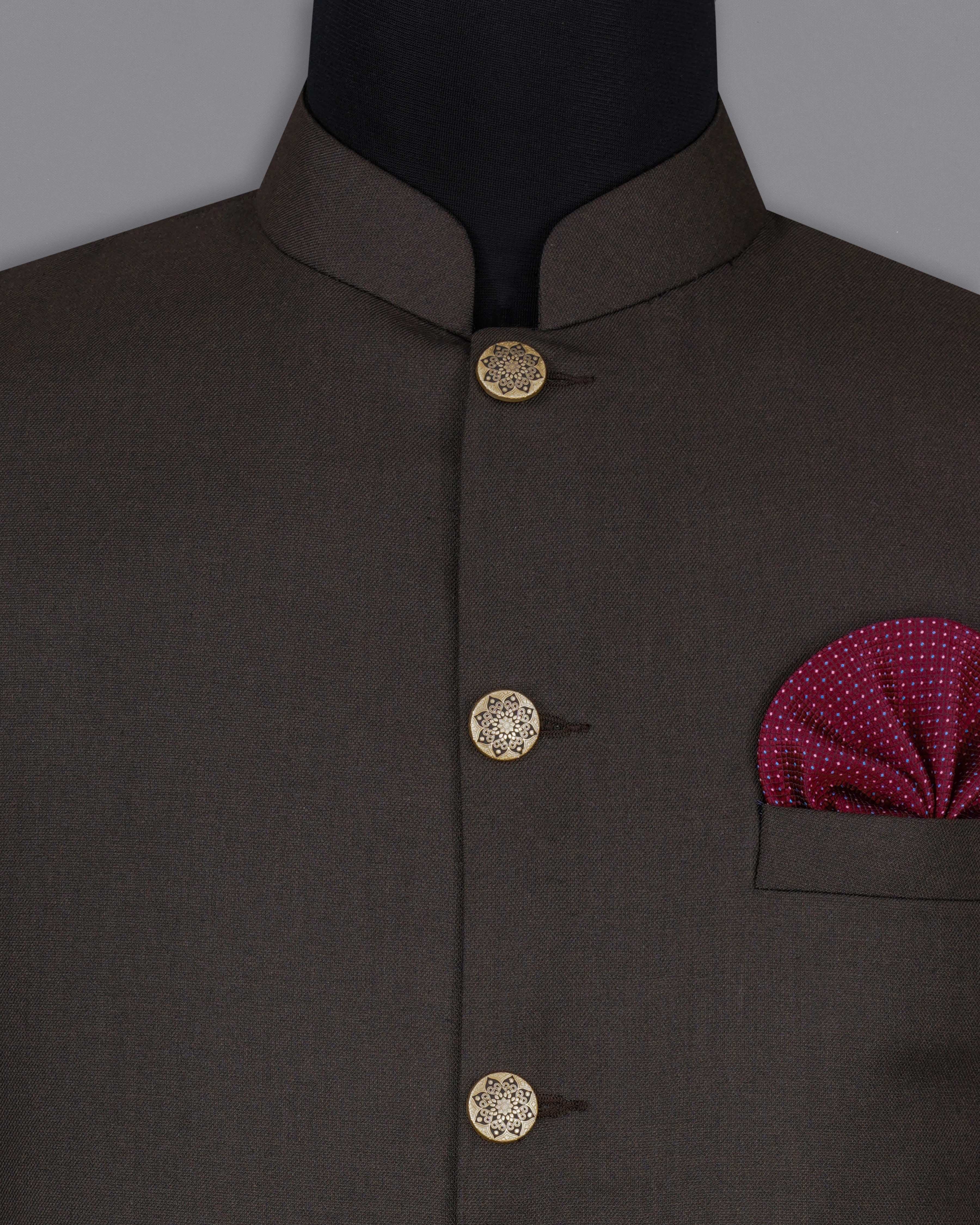 Baltic Sea Brown Cross Placket Bandhgala Suit