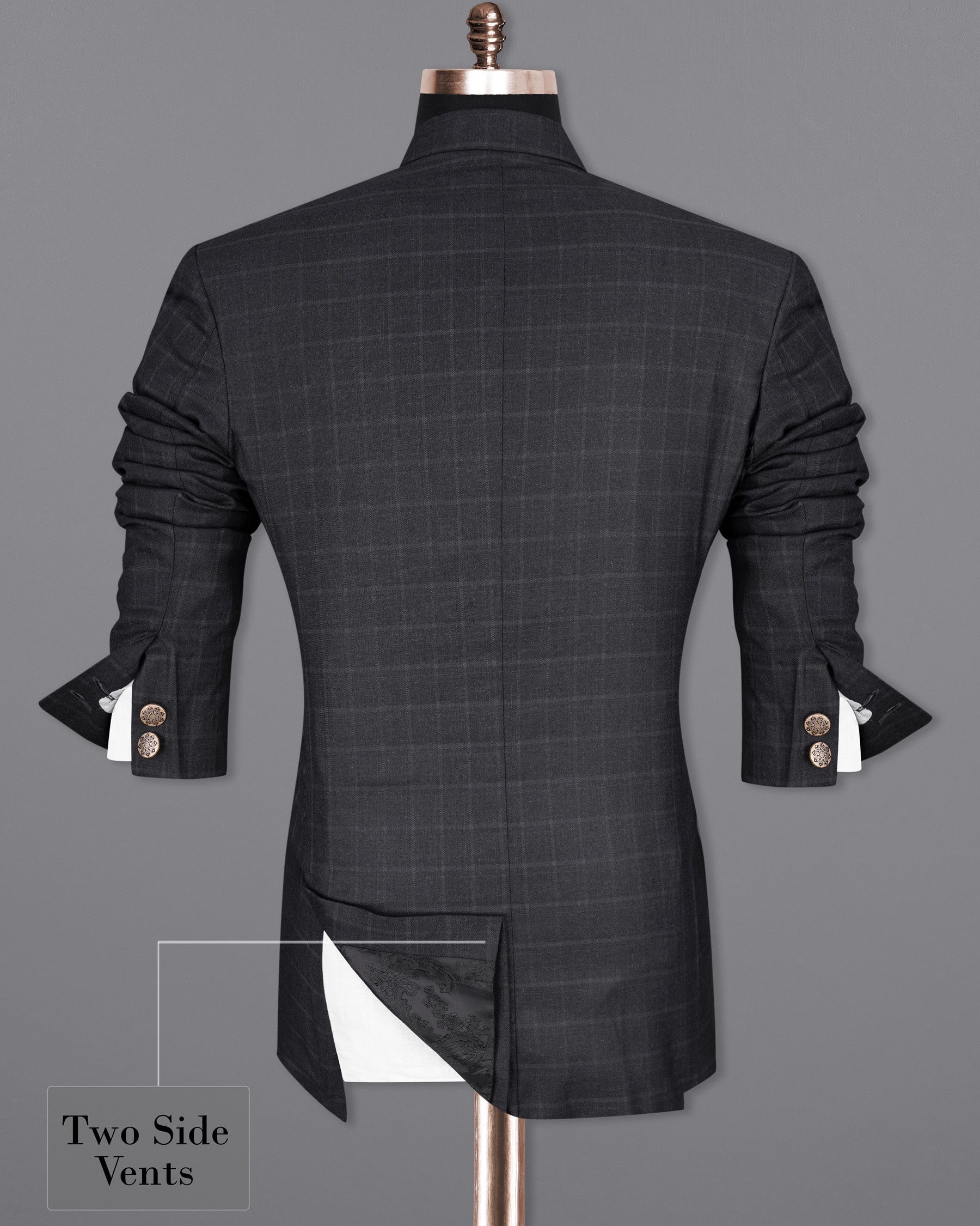 Bastille Light Black Windowpane Cross Placket Bandhgala Suit