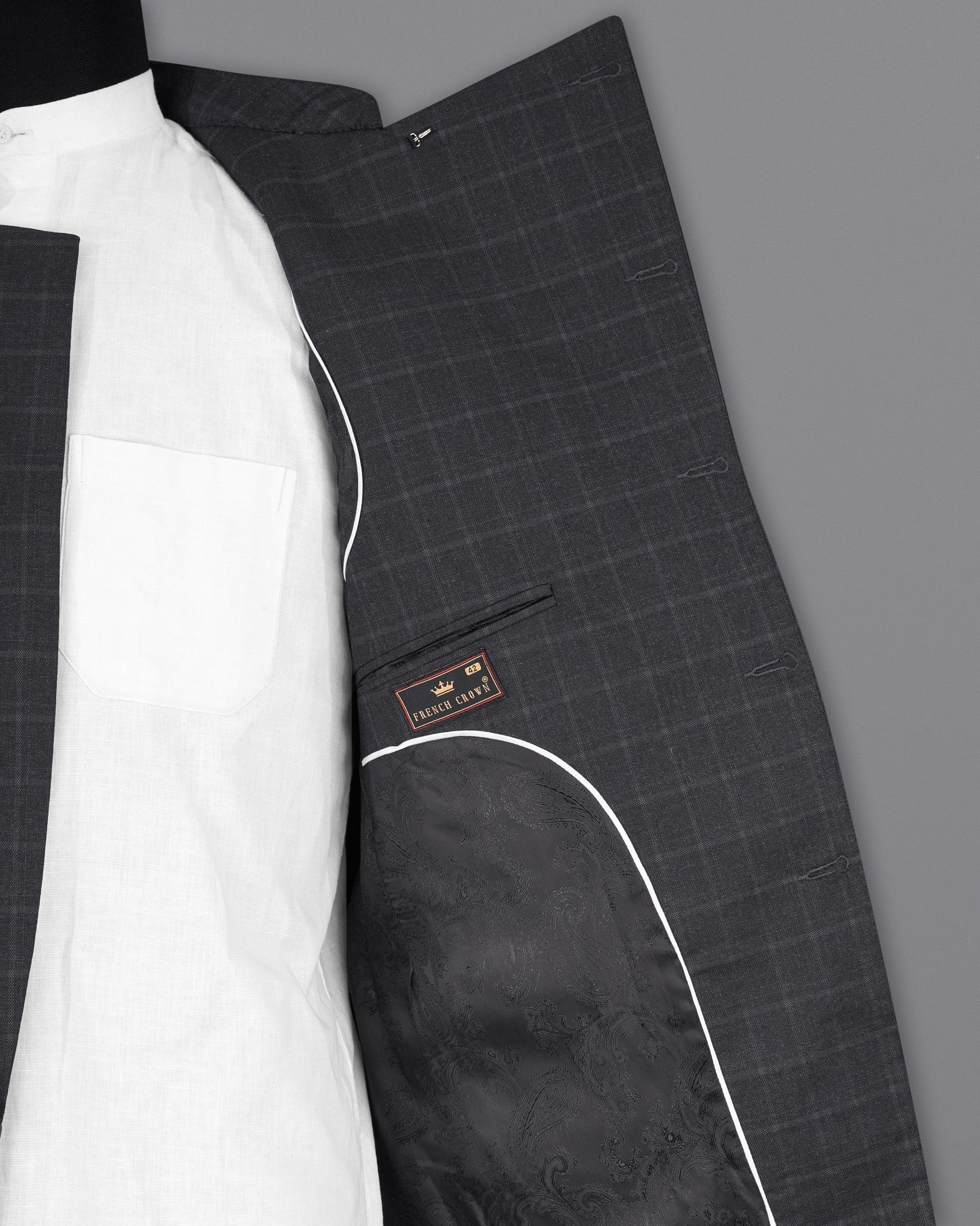 Bastille Light Black Windowpane Cross Placket Bandhgala Suit