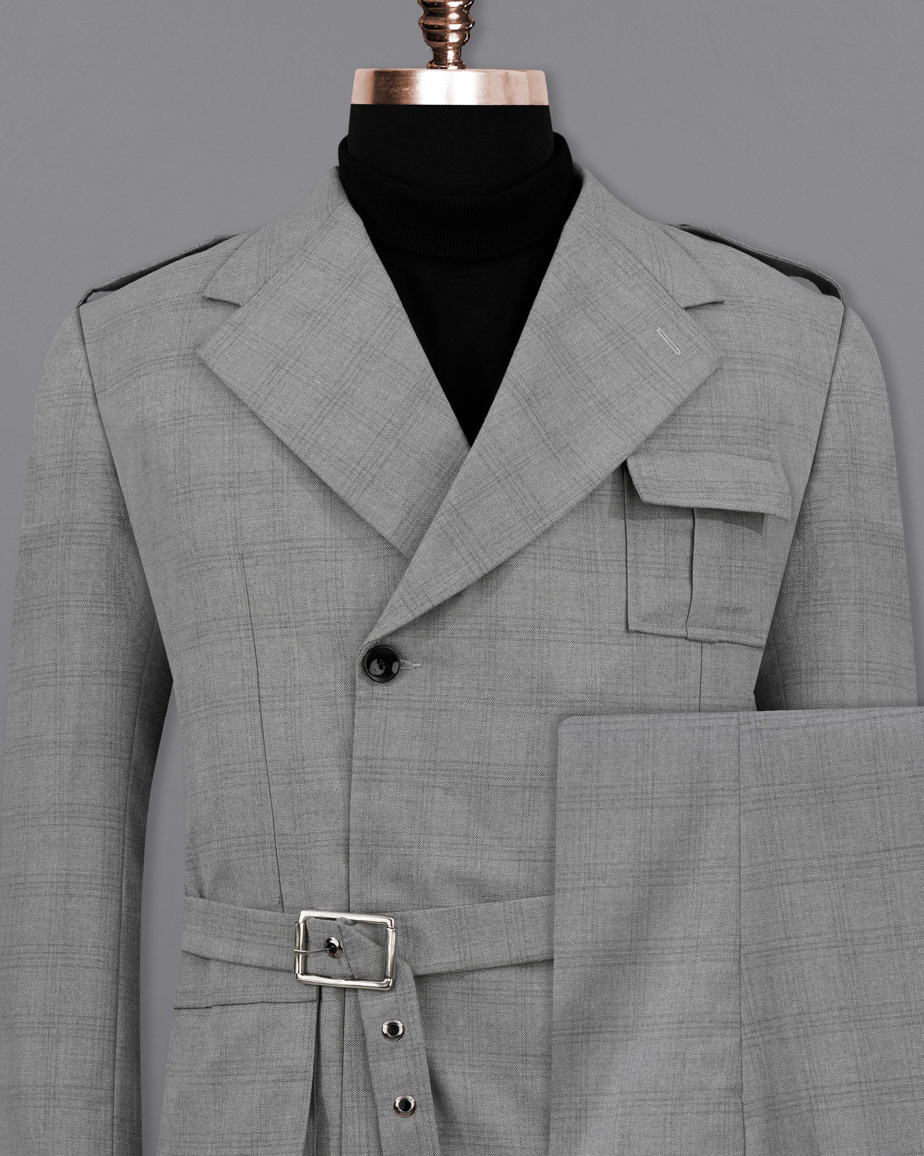Stack Steel Color Double Breasted Subtle Plaid Designer Suit with Belt Closure