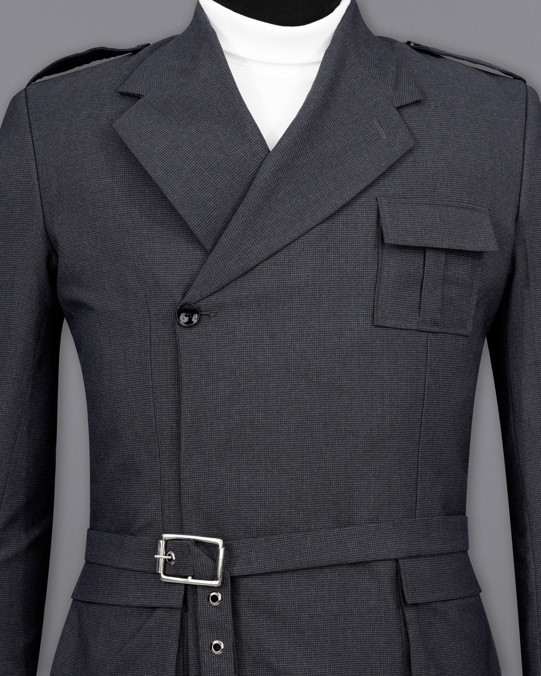 Bastille Dark Grey Double Breasted Designer Suit with Belt Closure