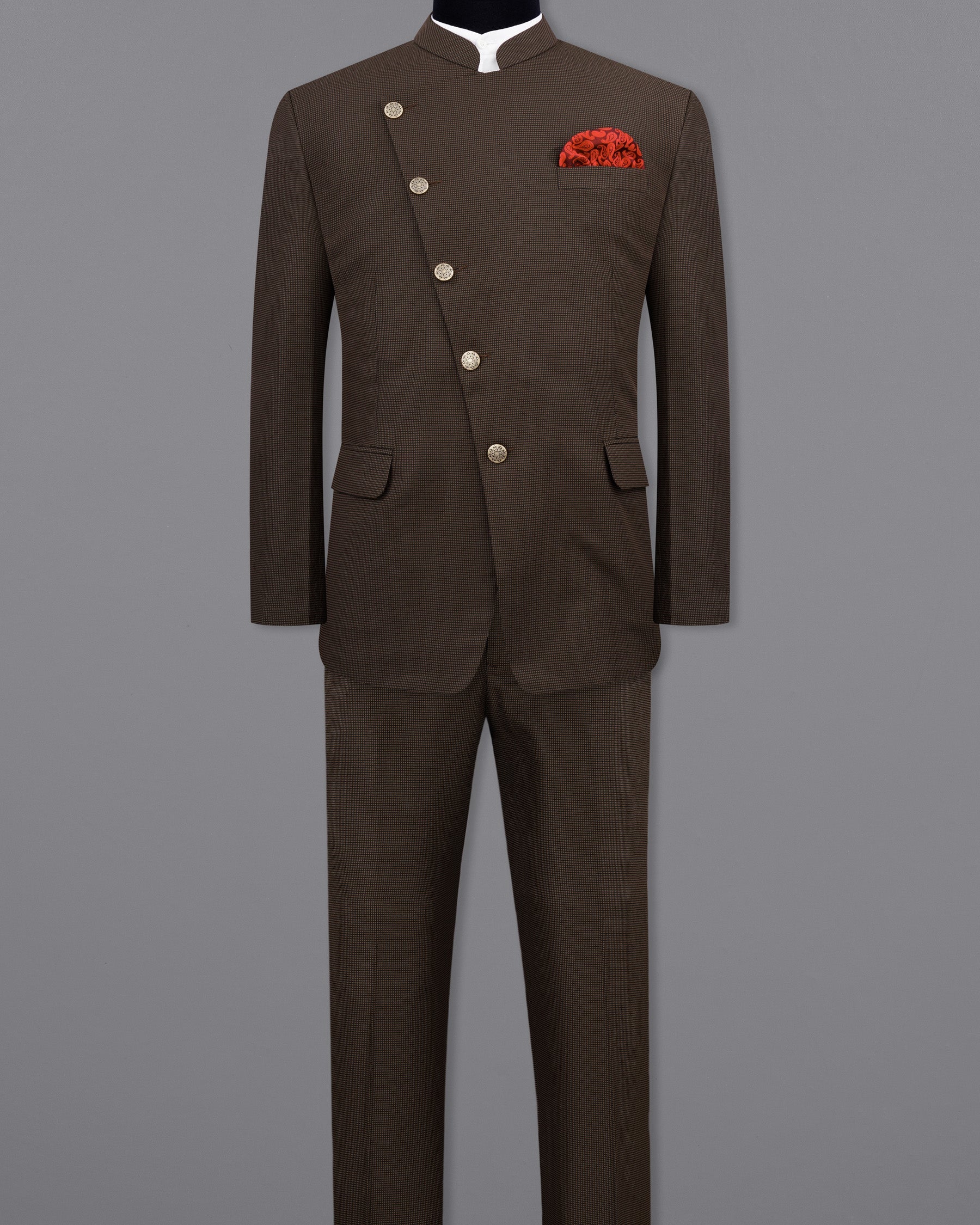 Eclipse Dark Brown Cross Placket Bandhgala Suit