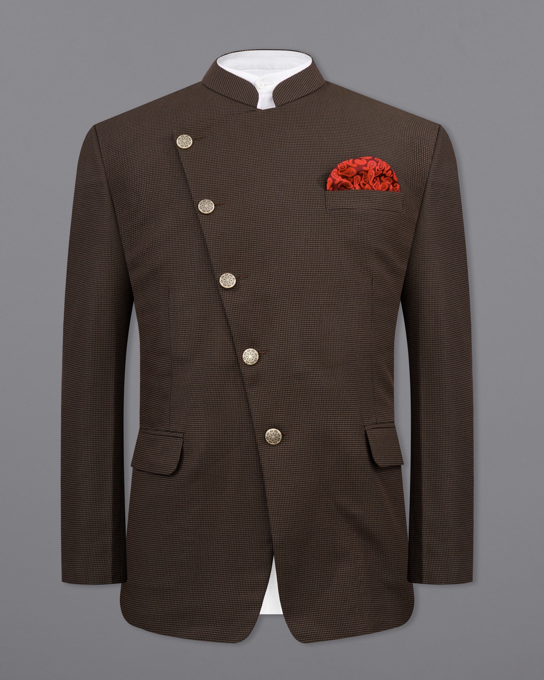 Eclipse Dark Brown Cross Placket Bandhgala Suit