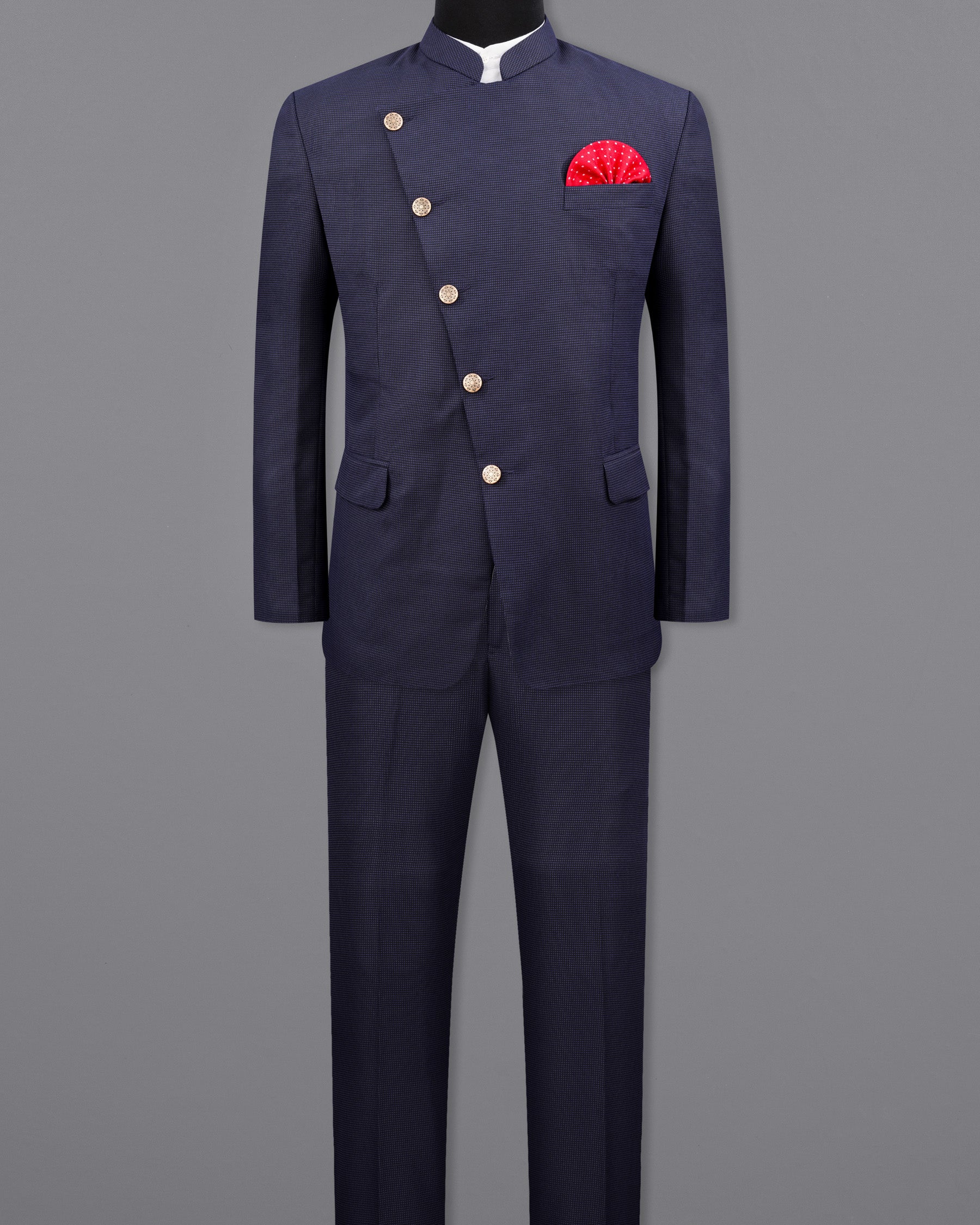 Ebony Clay Navy Blue Cross Placket Bandhgala Suit