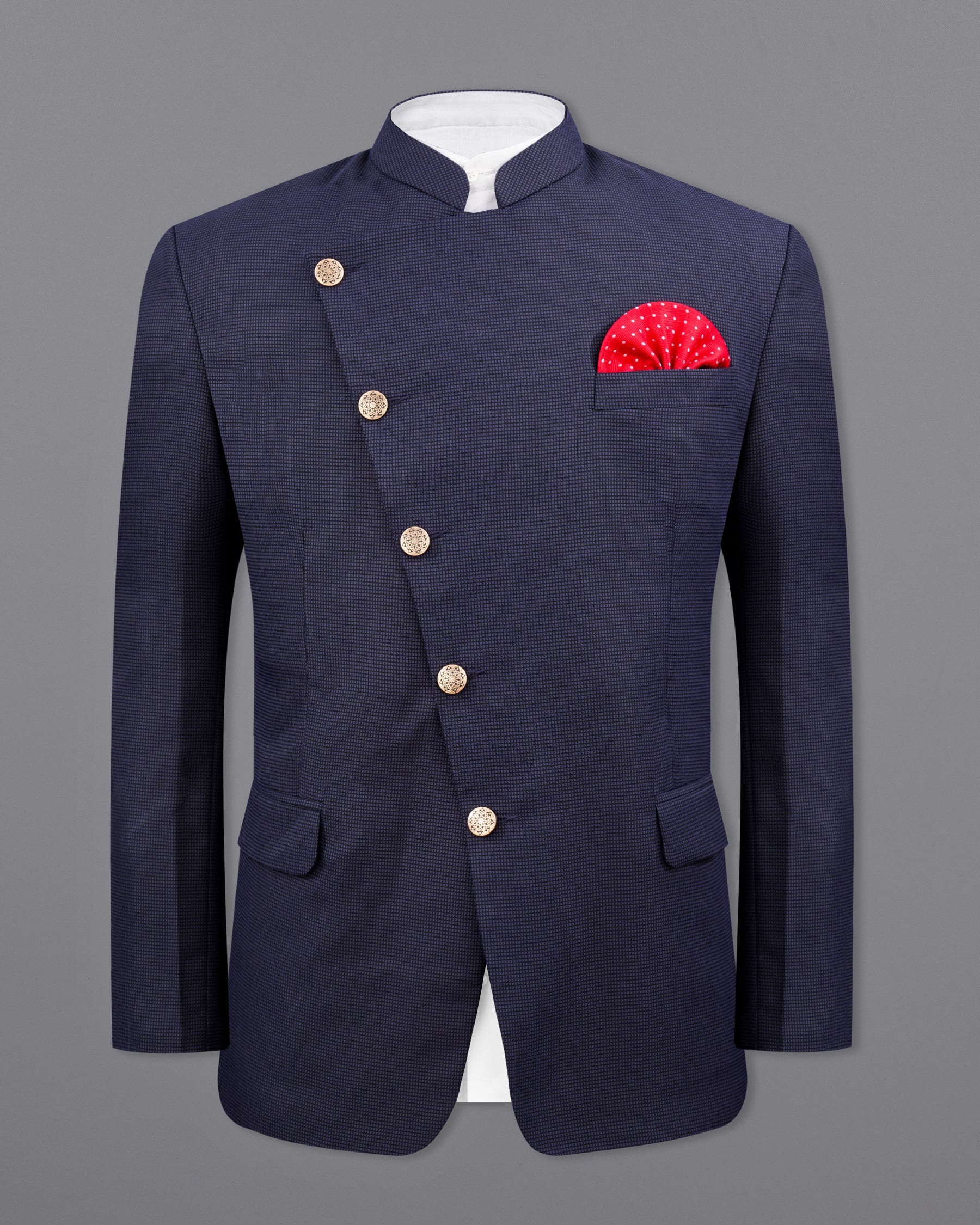 Ebony Clay Navy Blue Cross Placket Bandhgala Suit