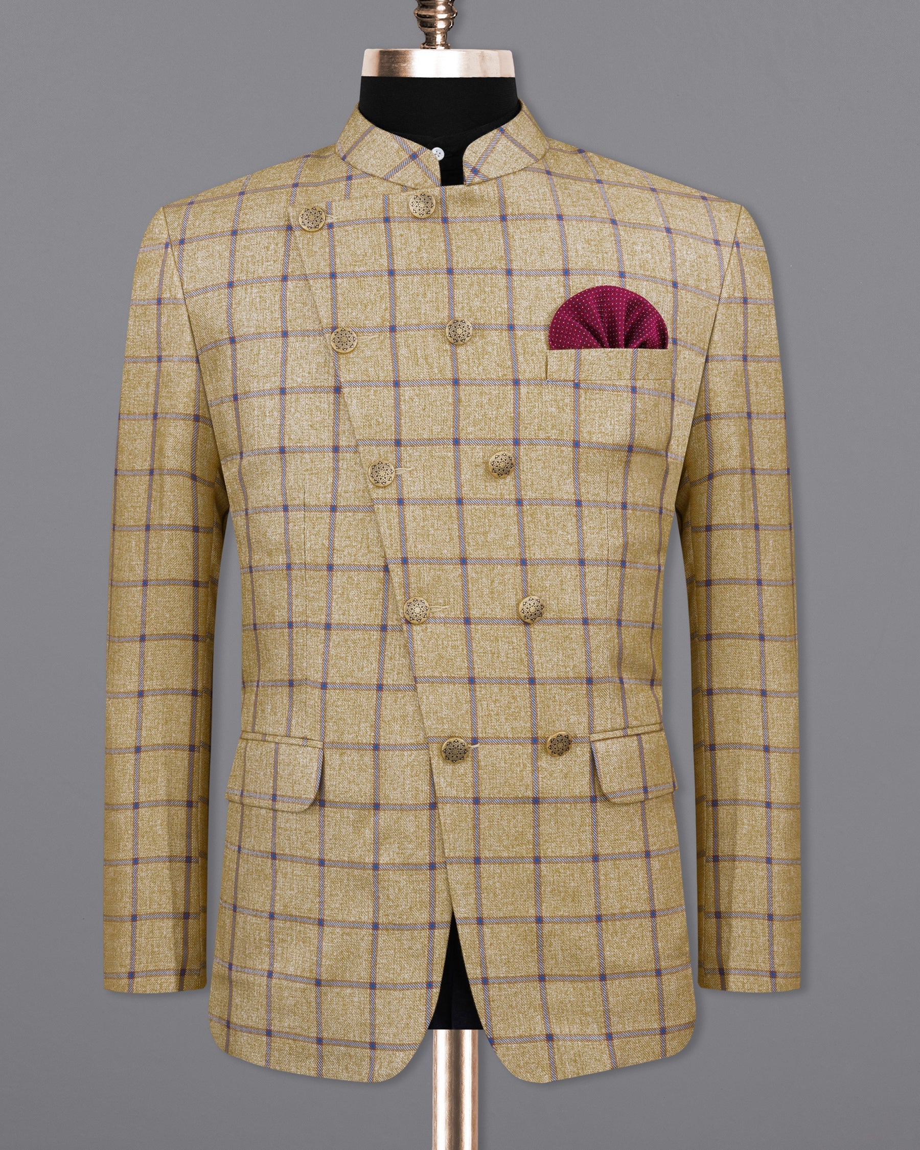 Mongoose Brown with Dianne Blue Windowpane Cross Placket Bandhgala Suit