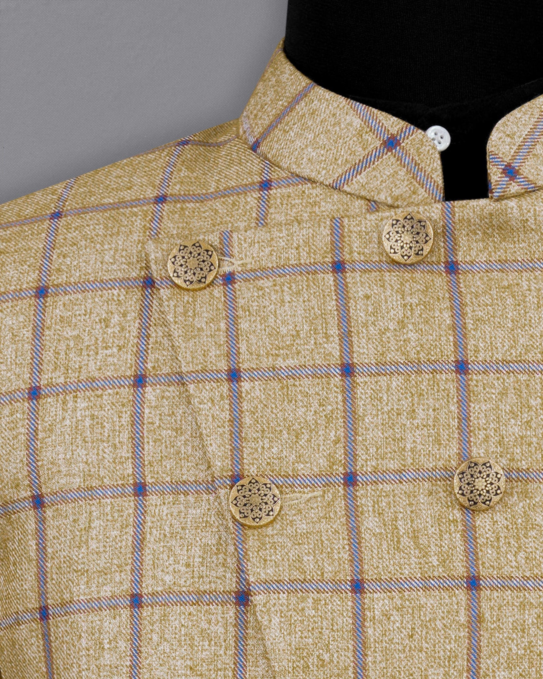 Mongoose Brown with Dianne Blue Windowpane Cross Placket Bandhgala Suit