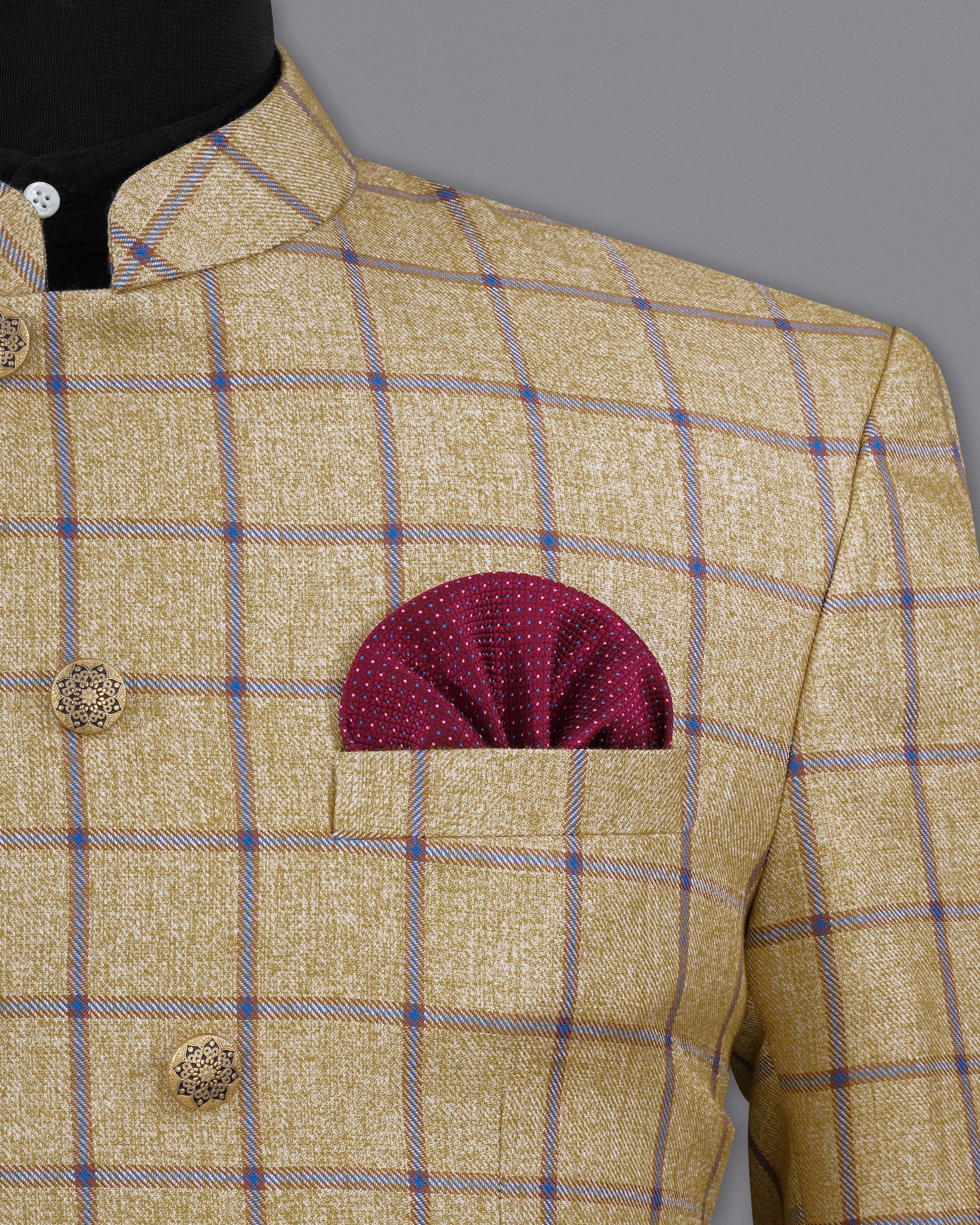 Mongoose Brown with Dianne Blue Windowpane Cross Placket Bandhgala Suit