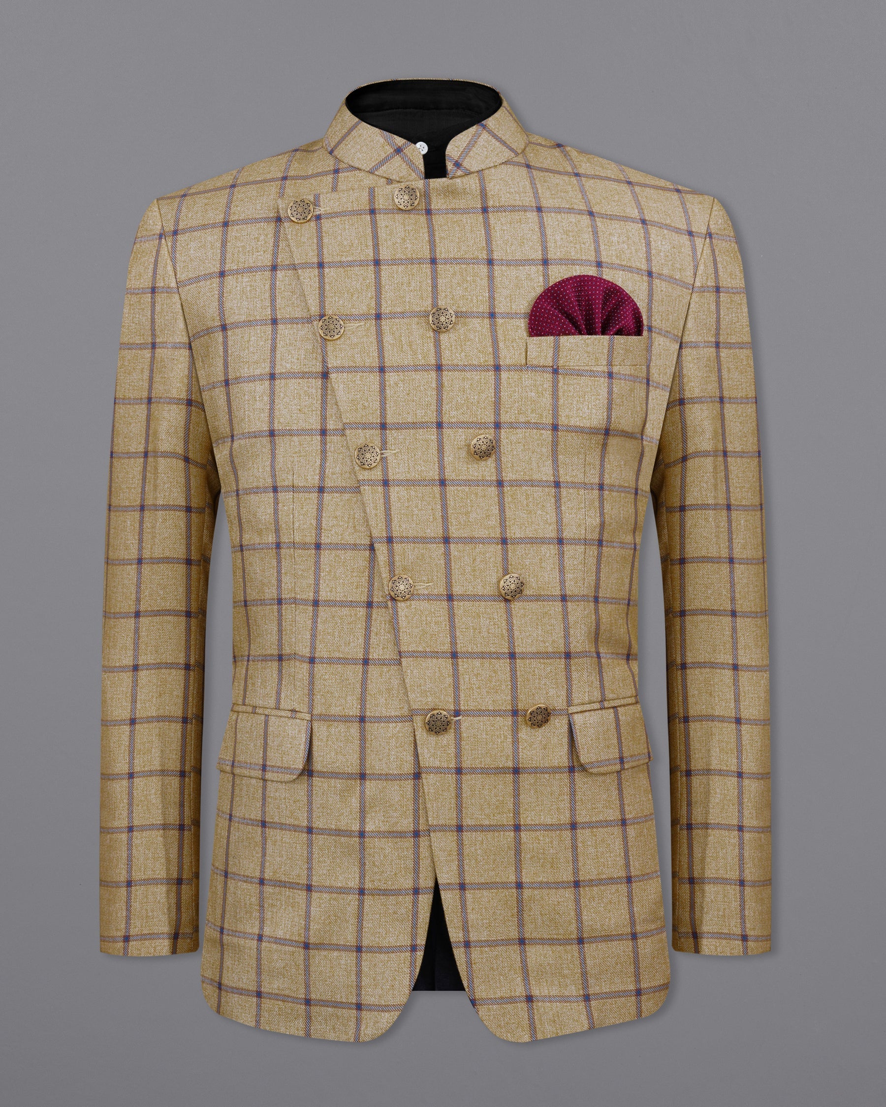 Mongoose Brown with Dianne Blue Windowpane Cross Placket Bandhgala Suit