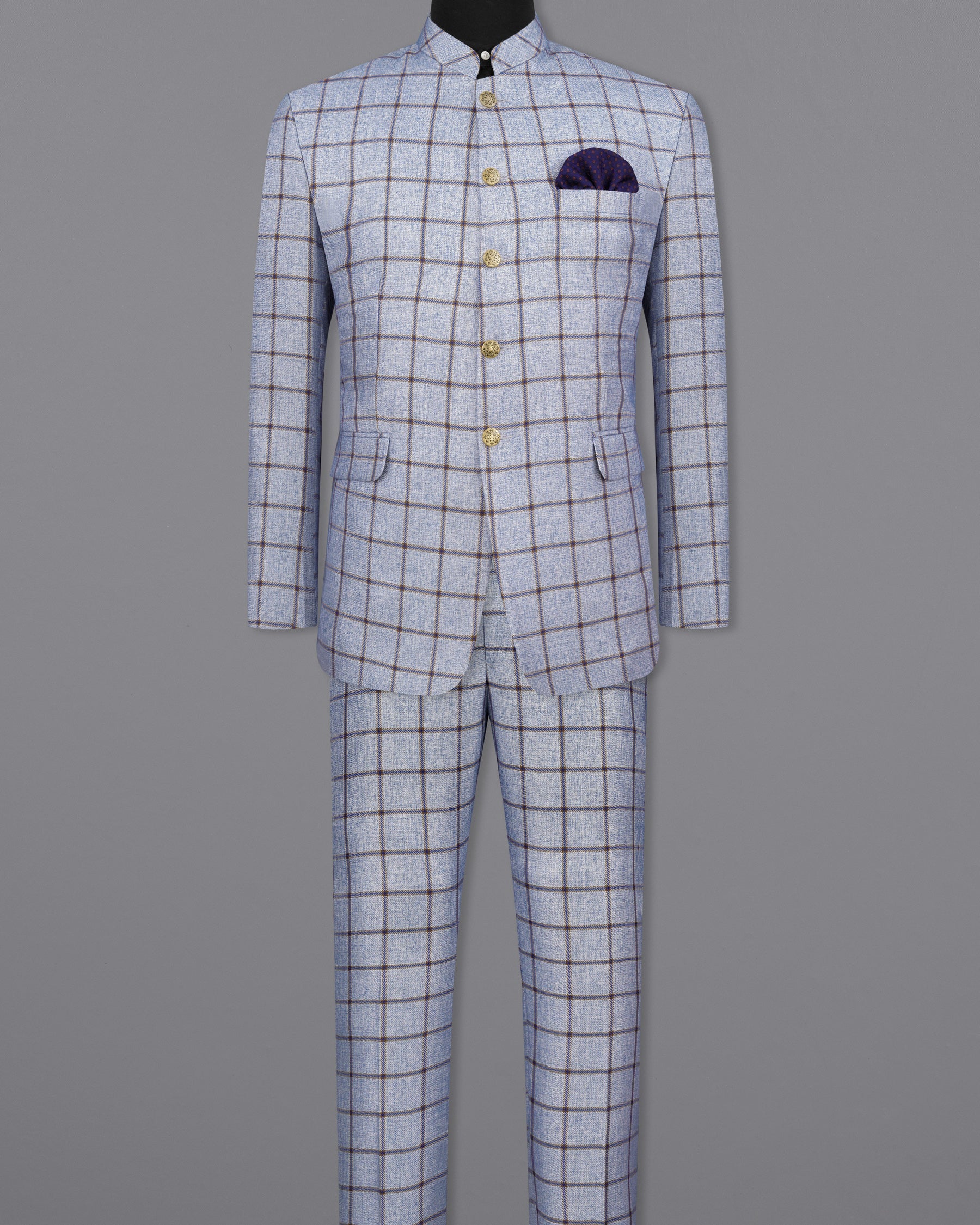 Spun Pearl Gray Checkered Bandhgala Suit ST2140-BG-36, ST2140-BG-38, ST2140-BG-40, ST2140-BG-42, ST2140-BG-44, ST2140-BG-46, ST2140-BG-48, ST2140-BG-50, ST2140-BG-52, ST2140-BG-54, ST2140-BG-56, ST2140-BG-58, ST2140-BG-60