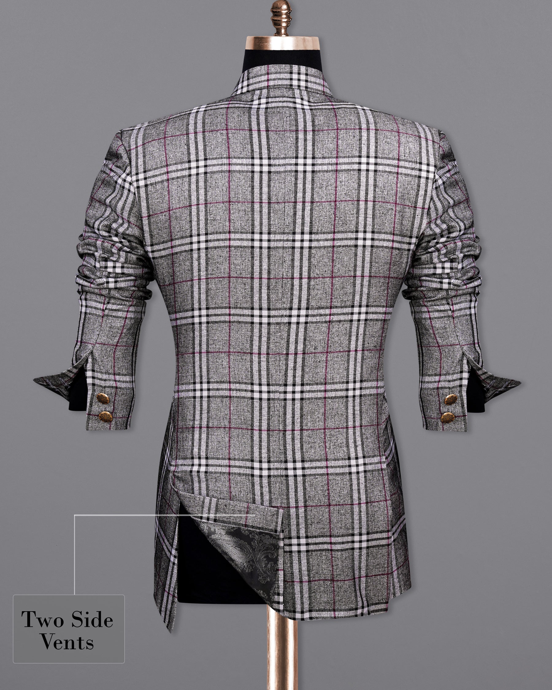 Amethyst Gray with Black Plaid Cross Buttoned Bandhgala Blazer BL2141-CBG-36, BL2141-CBG-38, BL2141-CBG-40, BL2141-CBG-42, BL2141-CBG-44, BL2141-CBG-46, BL2141-CBG-48, BL2141-CBG-50, BL2141-CBG-52, BL2141-CBG-54, BL2141-CBG-56, BL2141-CBG-58, BL2141-CBG-60