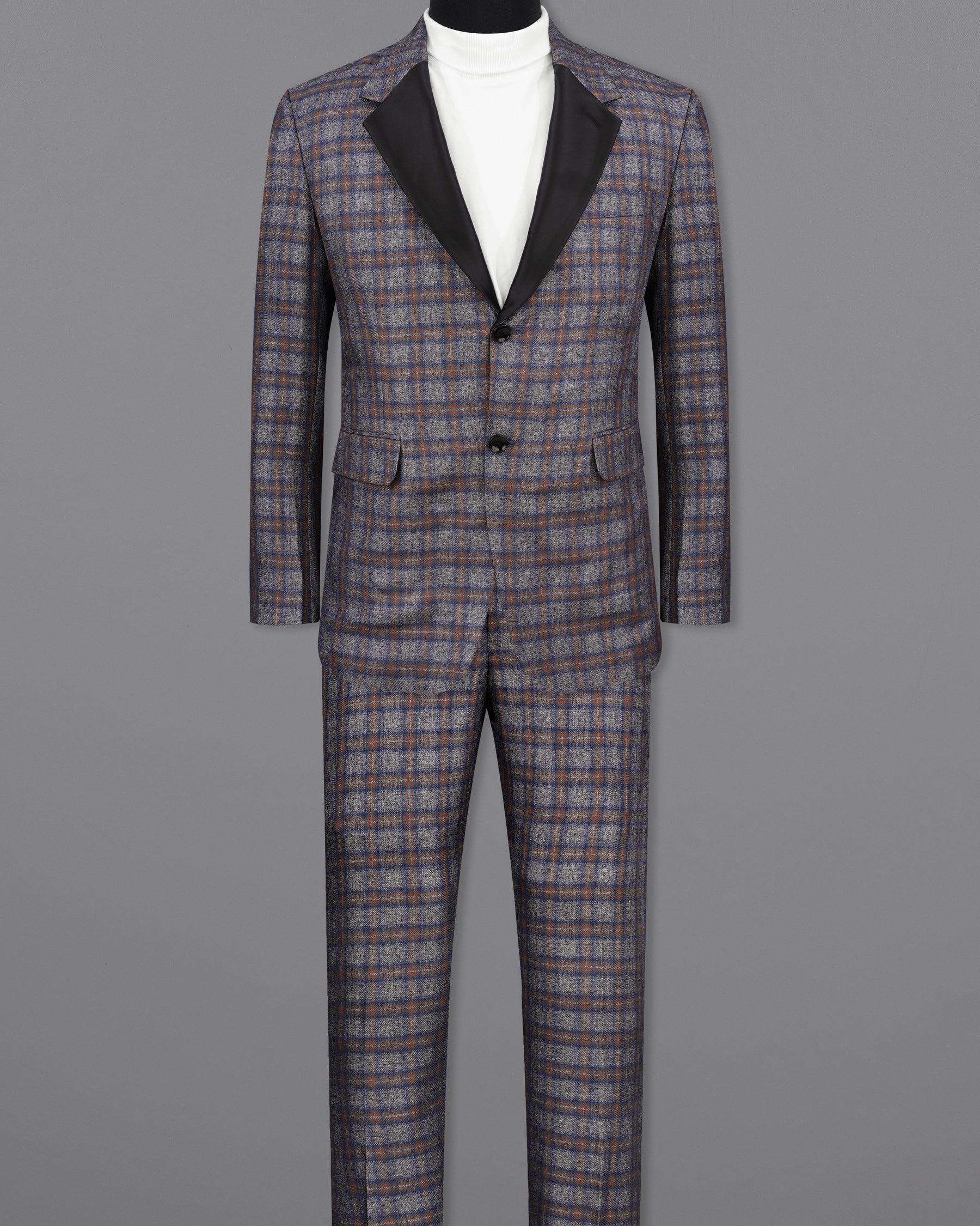 Fuscous Gray Checkered Single Breasted Black Lapel Designer Suit ST2144-SB-BKPL-36, ST2144-SB-BKPL-38, ST2144-SB-BKPL-40, ST2144-SB-BKPL-42, ST2144-SB-BKPL-44, ST2144-SB-BKPL-46, ST2144-SB-BKPL-48, ST2144-SB-BKPL-50, ST2144-SB-BKPL-52, ST2144-SB-BKPL-54, ST2144-SB-BKPL-56, ST2144-SB-BKPL-58, ST2144-SB-BKPL-60