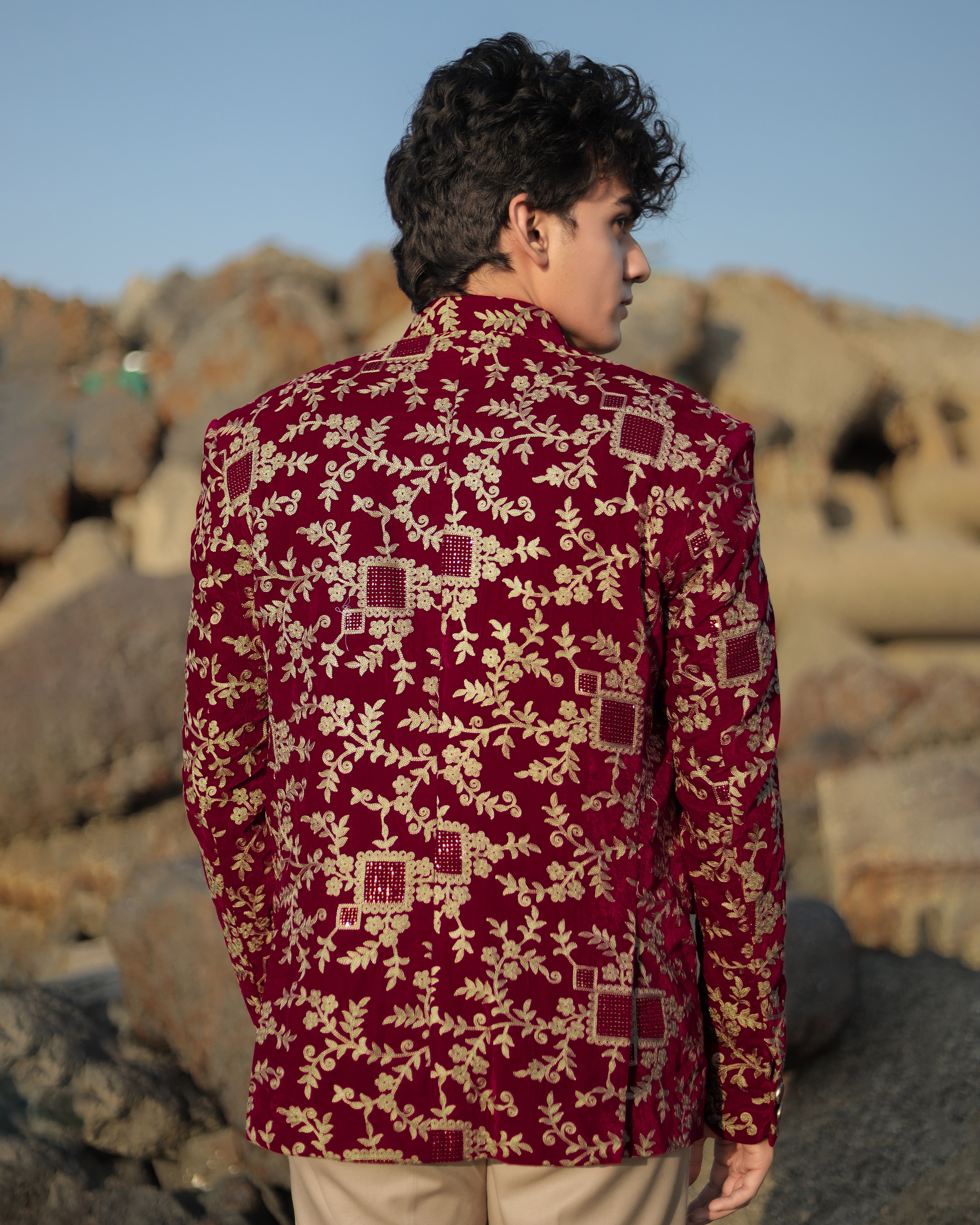 Castro Red with Oyster Brown Diamond Work with Cotton Thread Heavy Embroidered Bandhgala Designer Indo-Western Blazer