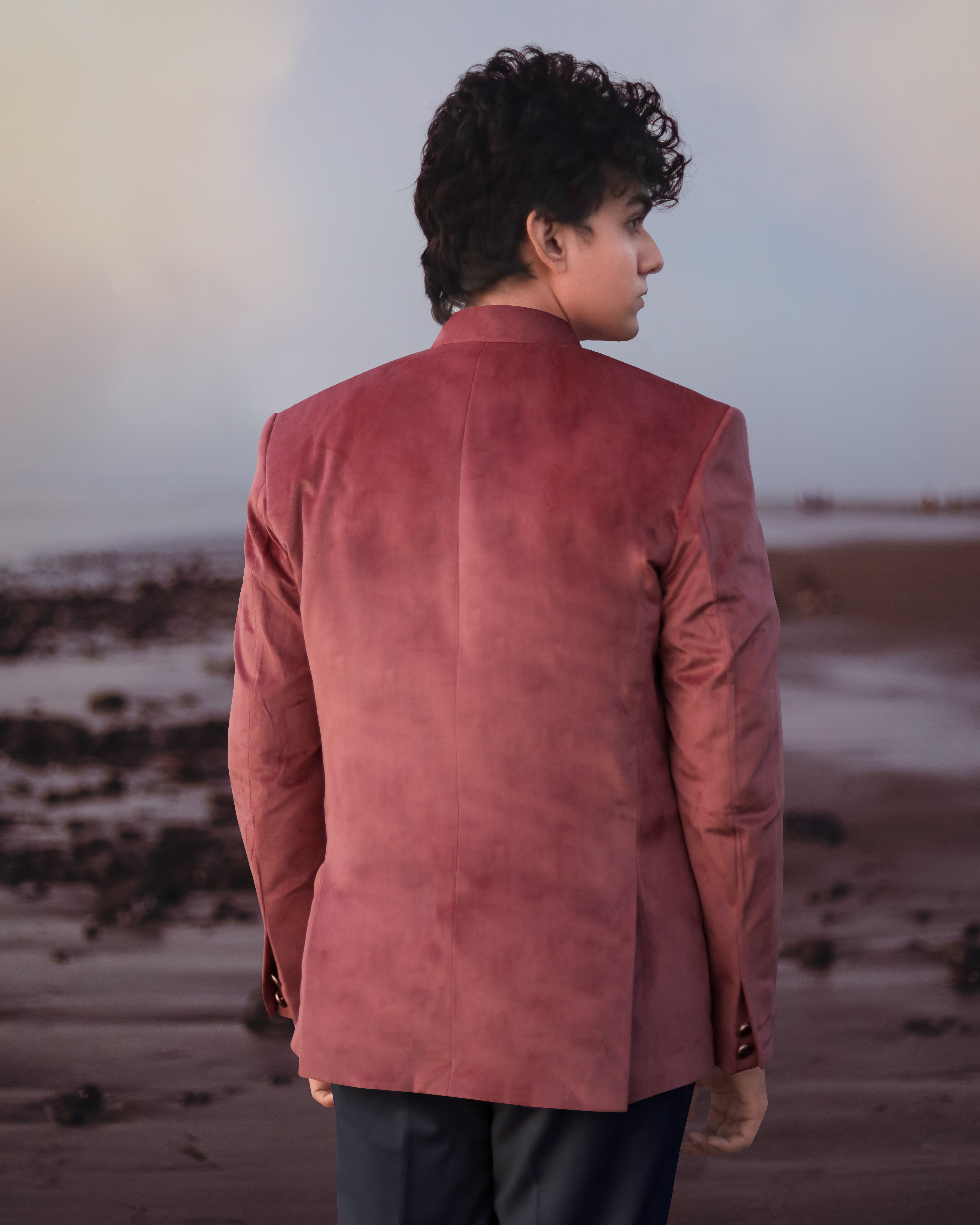 Coral Pink Cross Placket Bandhgala Premium Velvet Designer Blazer