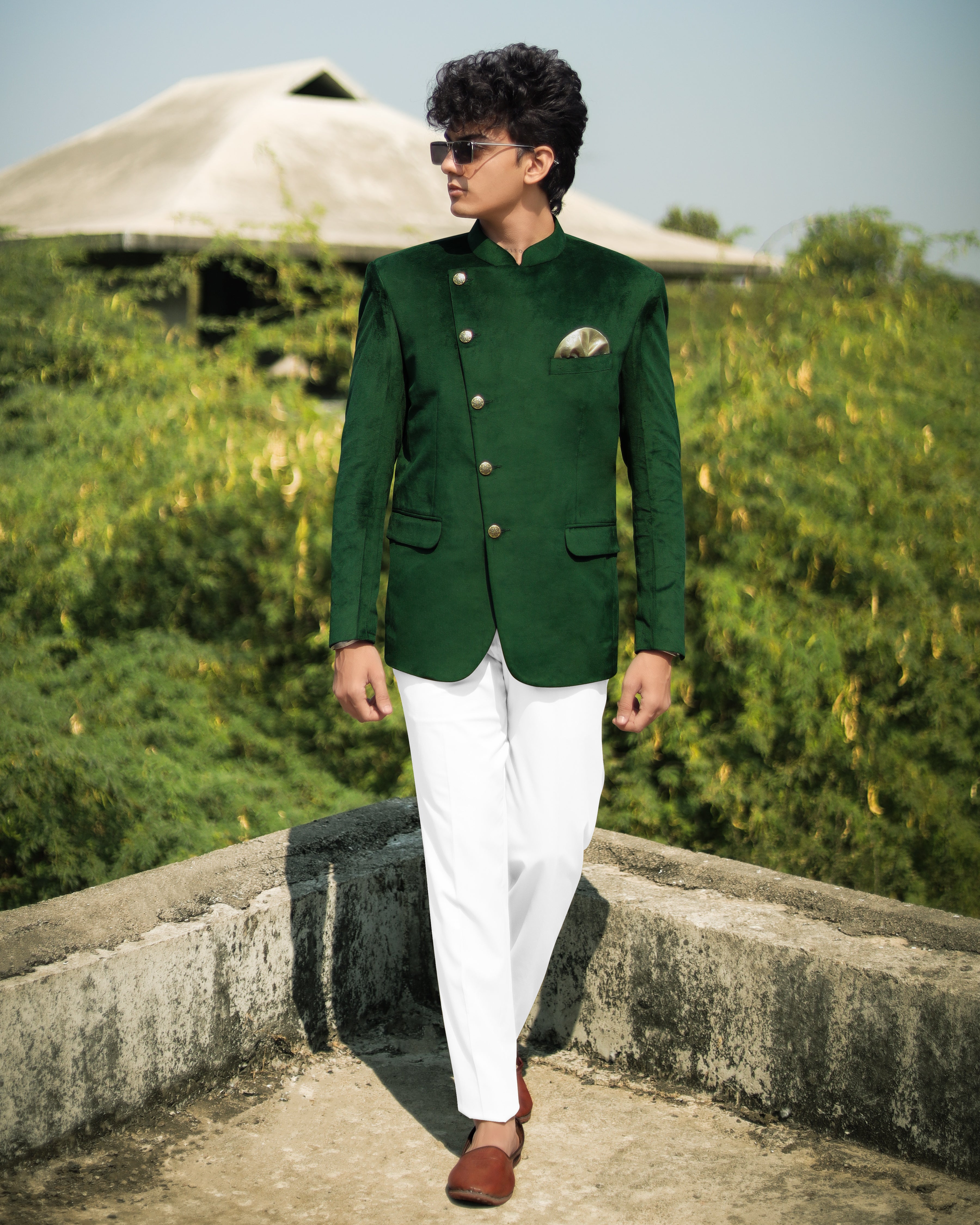 Phthalo Green Cross Placket Bandhgala Premium Velvet Designer Suit