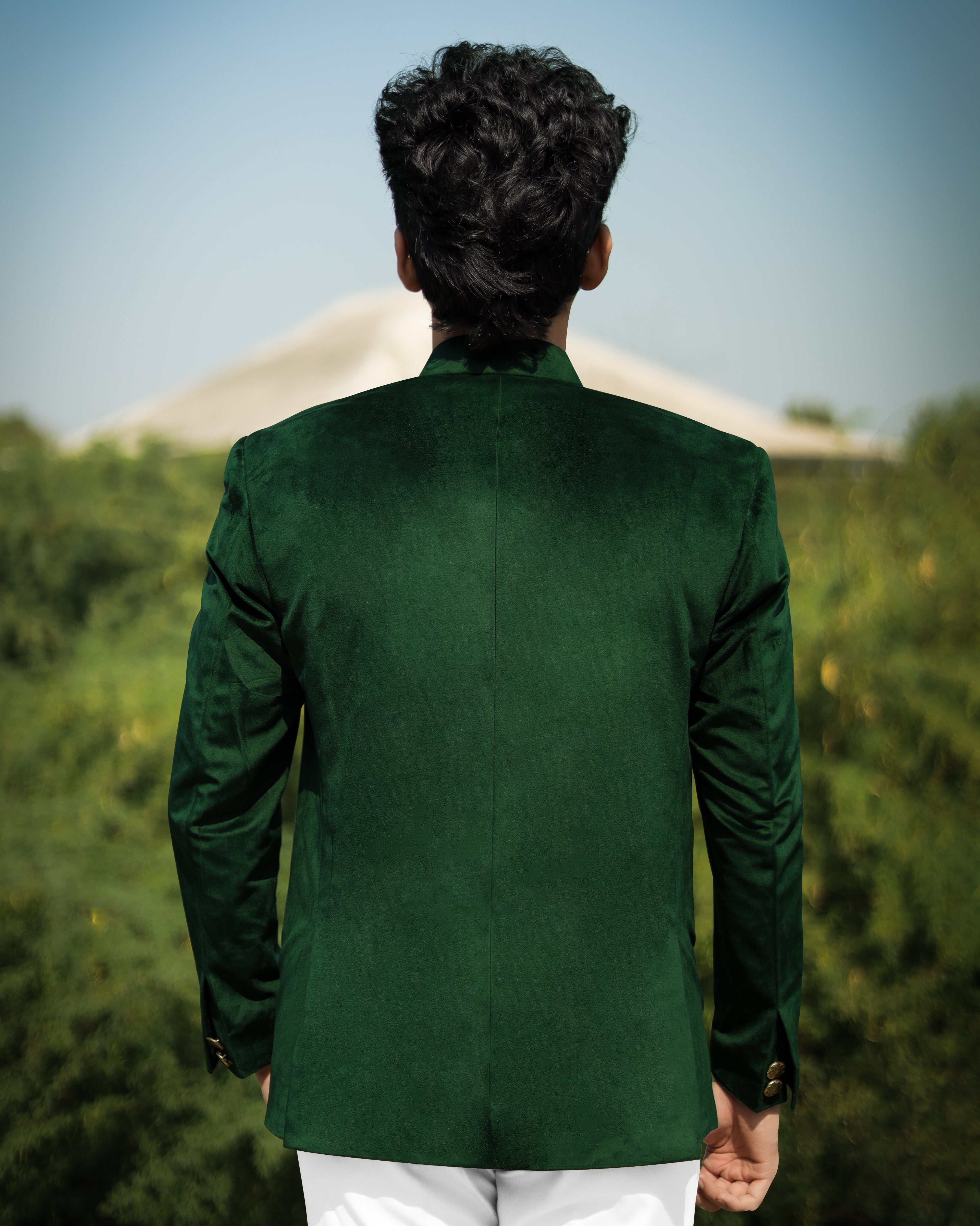 Phthalo Green Cross Placket Bandhgala Premium Velvet Designer Suit