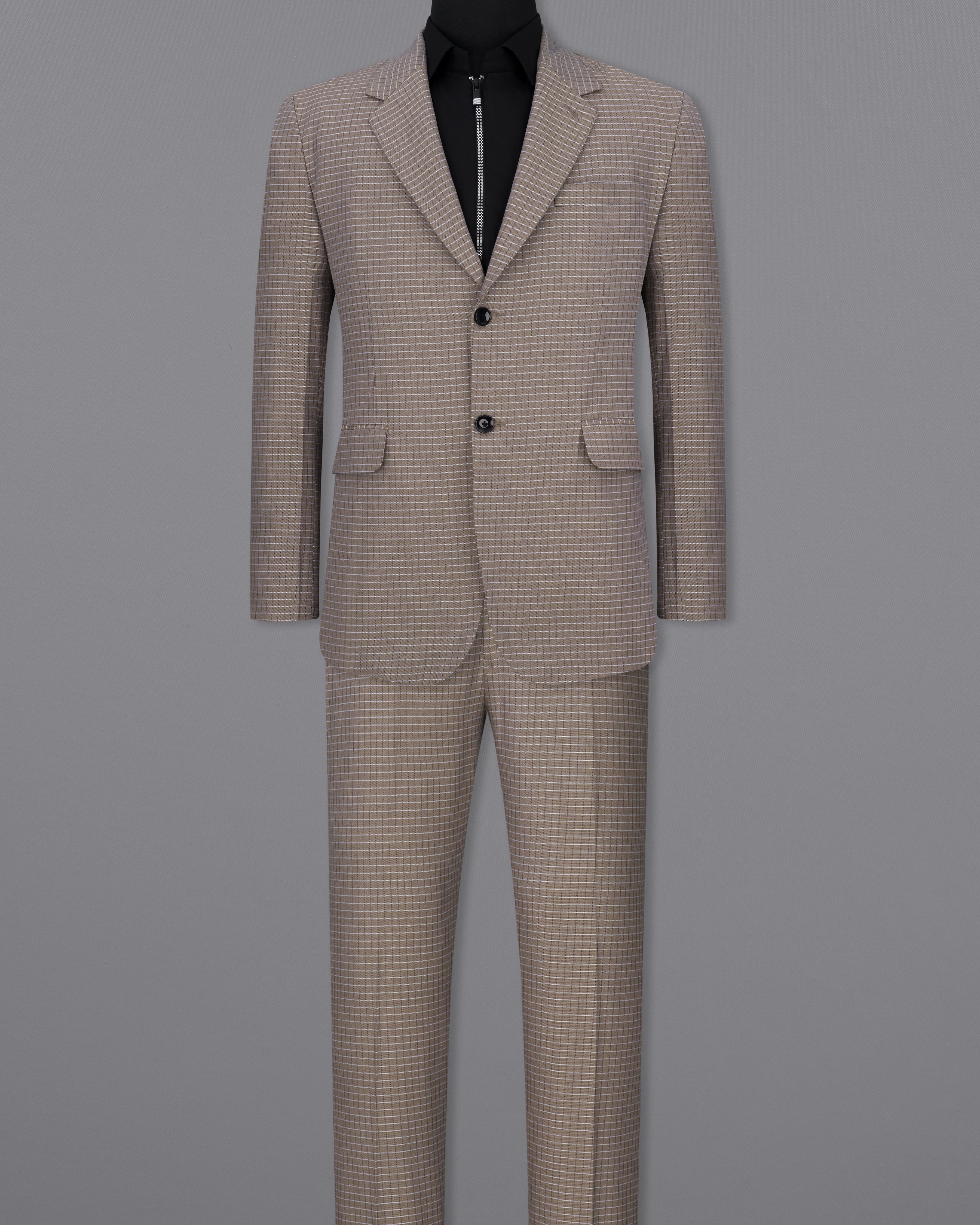 Sand Dune Brown Checkered Single Breasted Premium Cotton Suit