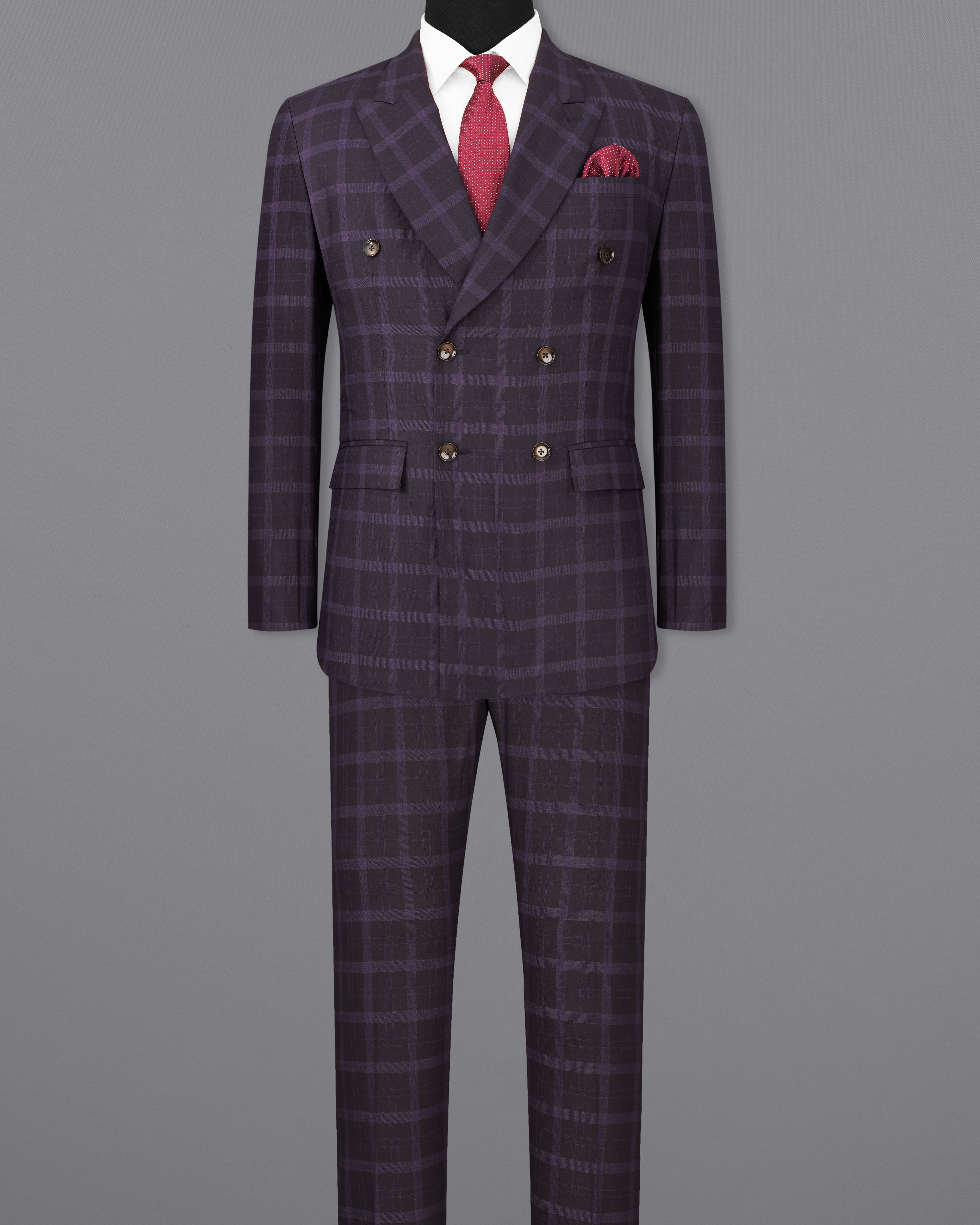 Melanzane Violet and Mortar Purple Plaid Double Breasted Suit ST2258-DB-36, ST2258-DB-38, ST2258-DB-40, ST2258-DB-42, ST2258-DB-44, ST2258-DB-46, ST2258-DB-48, ST2258-DB-50, ST2258-DB-52, ST2258-DB-54, ST2258-DB-56, ST2258-DB-58, ST2258-DB-60