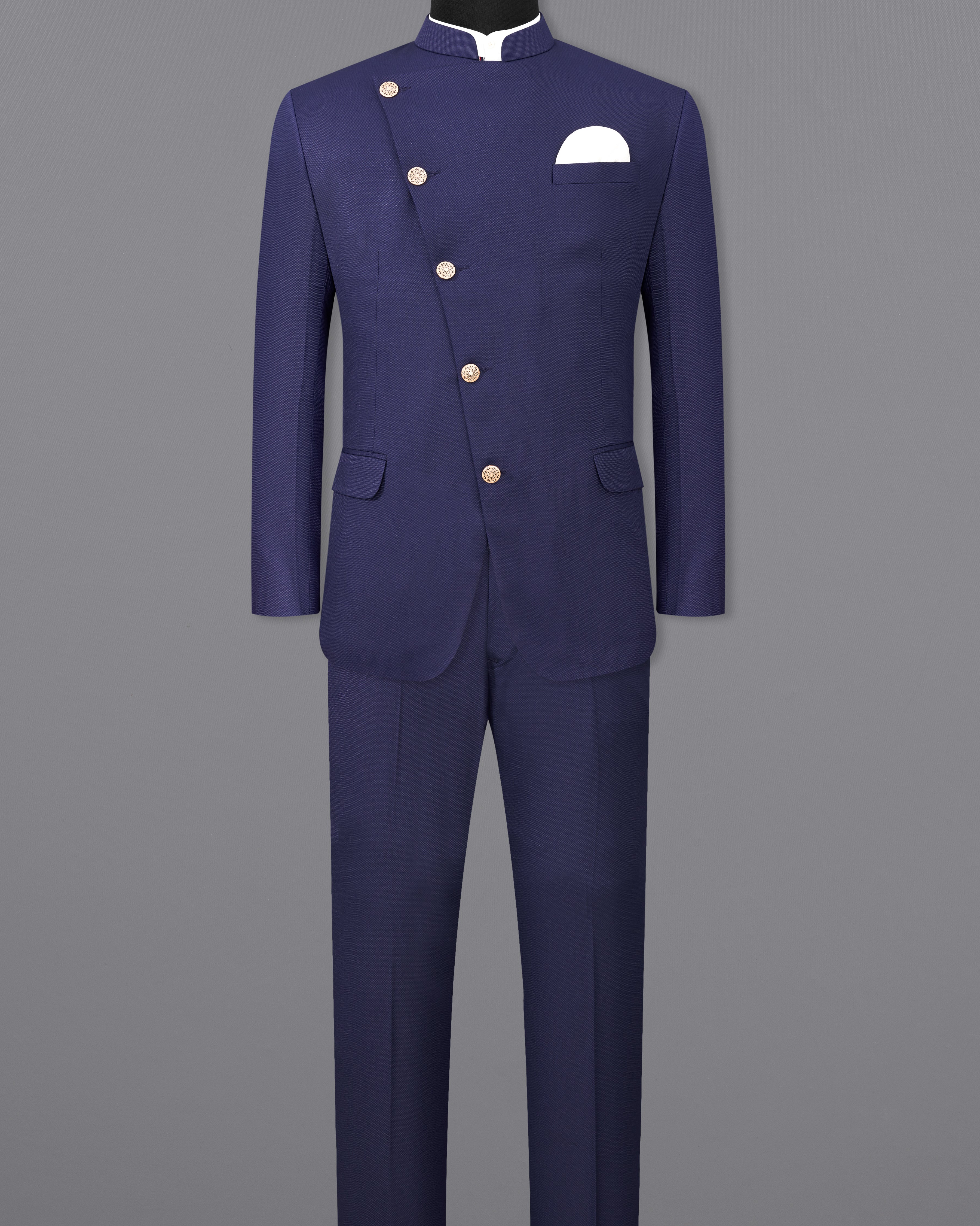 Ebony Clay Navy Blue Cross Placket Bandhgala Suit