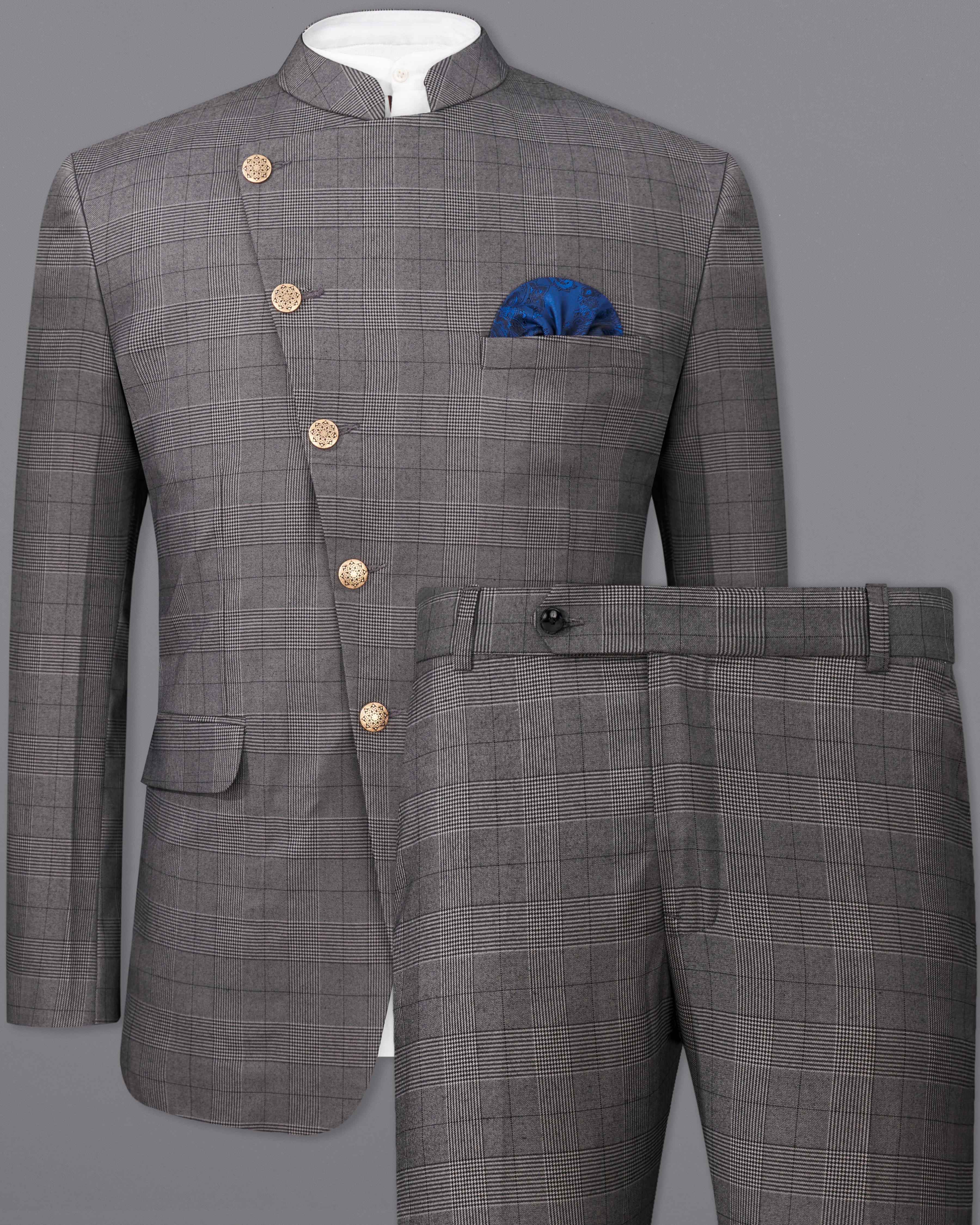 Fuscous Gray Plaid Cross Placket Bandhgala Suit