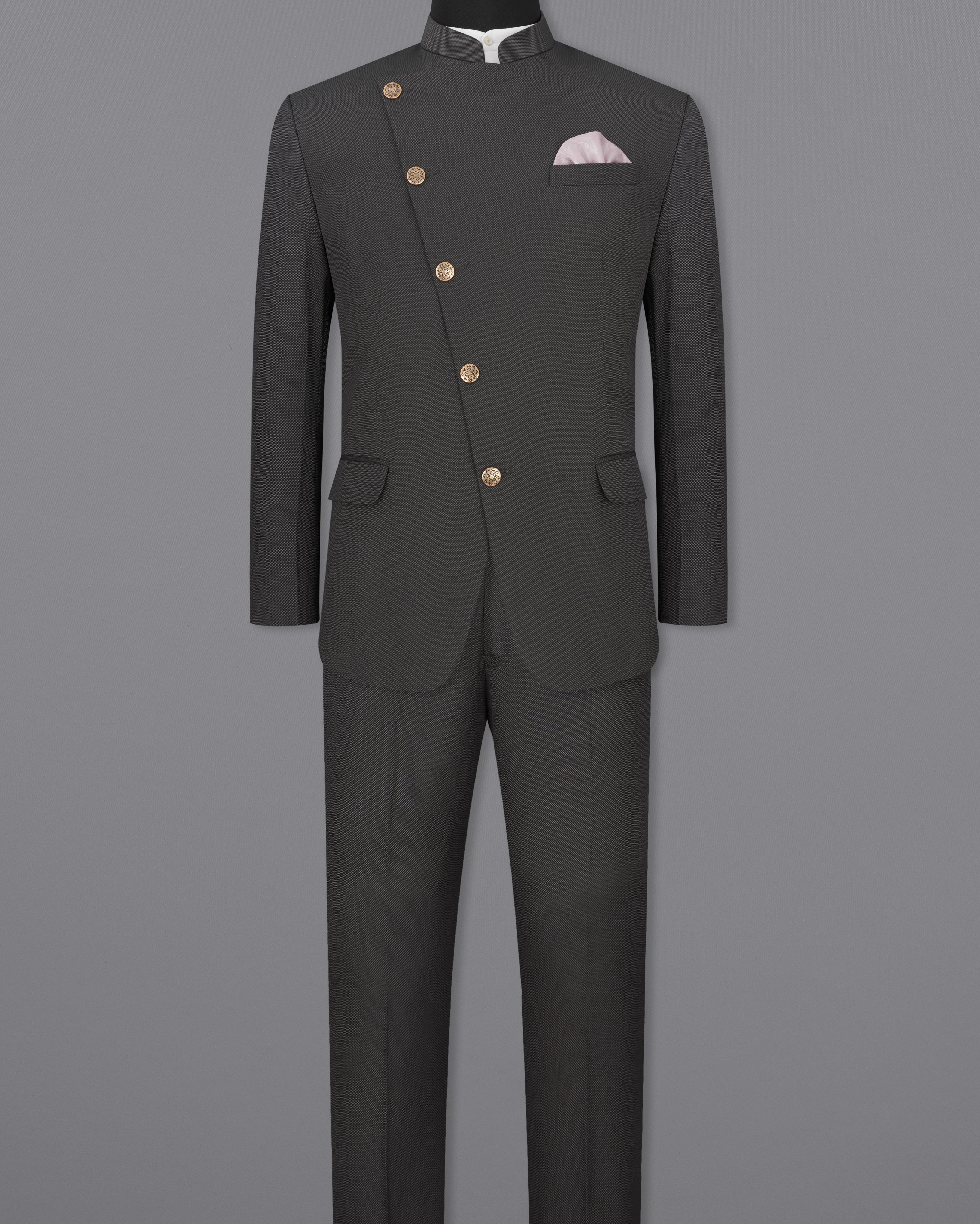 Fuscous Gray Cross Buttoned Bandhgala Suit ST2284-CBG-36, ST2284-CBG-38, ST2284-CBG-40, ST2284-CBG-42, ST2284-CBG-44, ST2284-CBG-46, ST2284-CBG-48, ST2284-CBG-50, ST2284-CBG-52, ST2284-CBG-54, ST2284-CBG-56, ST2284-CBG-58, ST2284-CBG-60