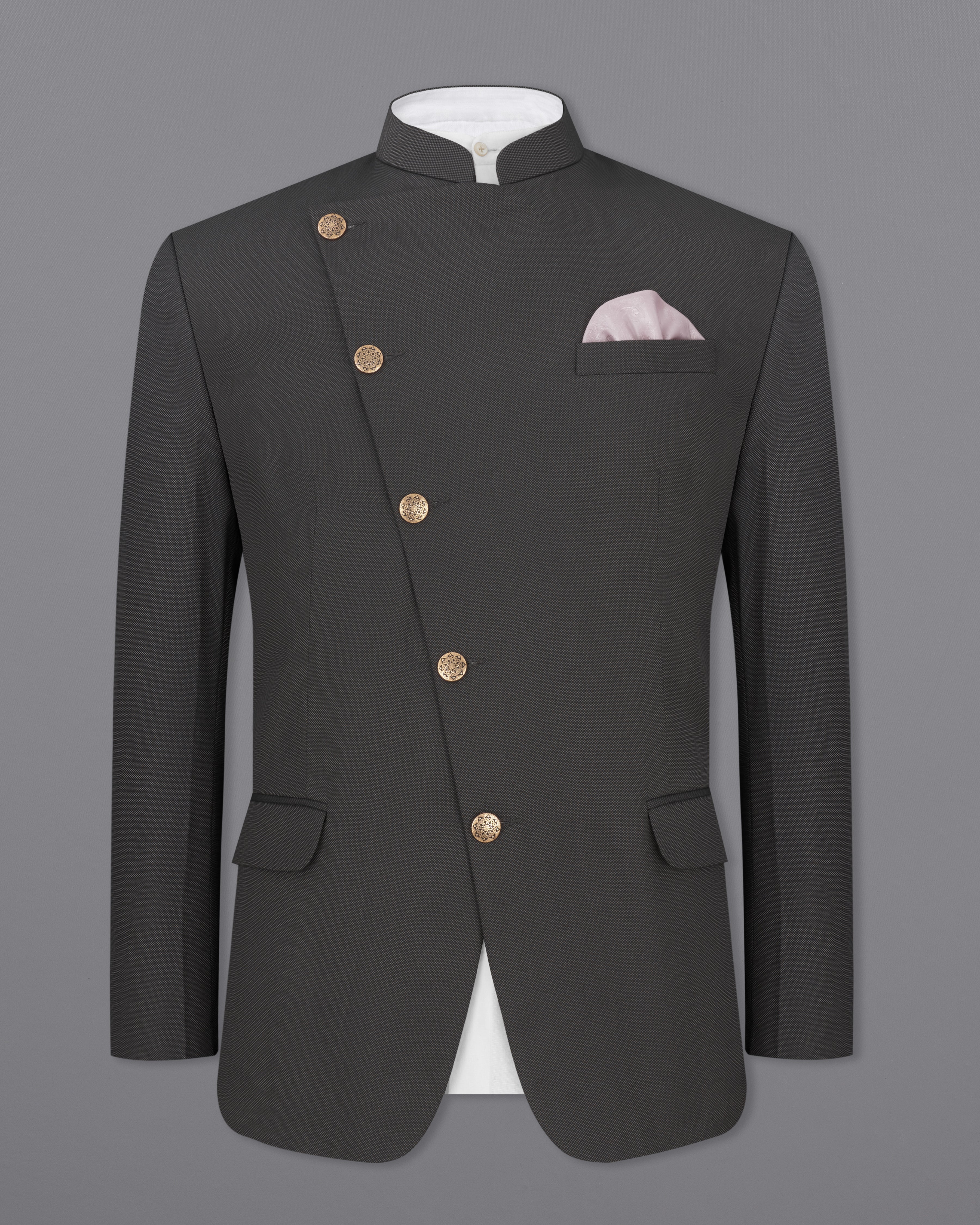 Fuscous Gray Cross Buttoned Bandhgala Suit ST2284-CBG-36, ST2284-CBG-38, ST2284-CBG-40, ST2284-CBG-42, ST2284-CBG-44, ST2284-CBG-46, ST2284-CBG-48, ST2284-CBG-50, ST2284-CBG-52, ST2284-CBG-54, ST2284-CBG-56, ST2284-CBG-58, ST2284-CBG-60