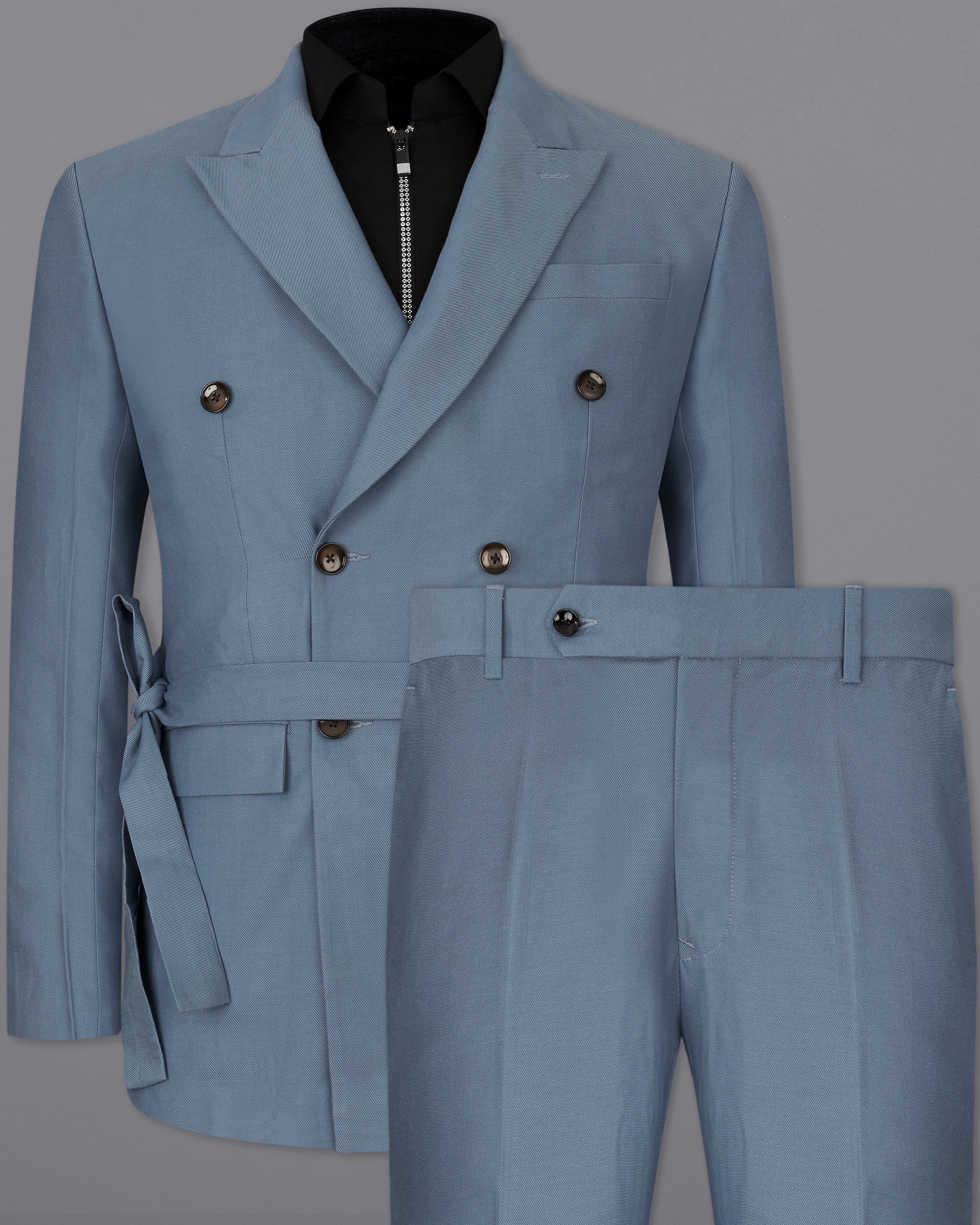Metallic Blue Double Breasted Premium Cotton Designer Suit with Belt Closure ST2331-DB-D8-36, ST2331-DB-D8-38, ST2331-DB-D8-40, ST2331-DB-D8-42, ST2331-DB-D8-44, ST2331-DB-D8-46, ST2331-DB-D8-48, ST2331-DB-D8-50, ST2331-DB-D8-52, ST2331-DB-D8-54, ST2331-DB-D8-56, ST2331-DB-D8-58, ST2331-DB-D8-60
