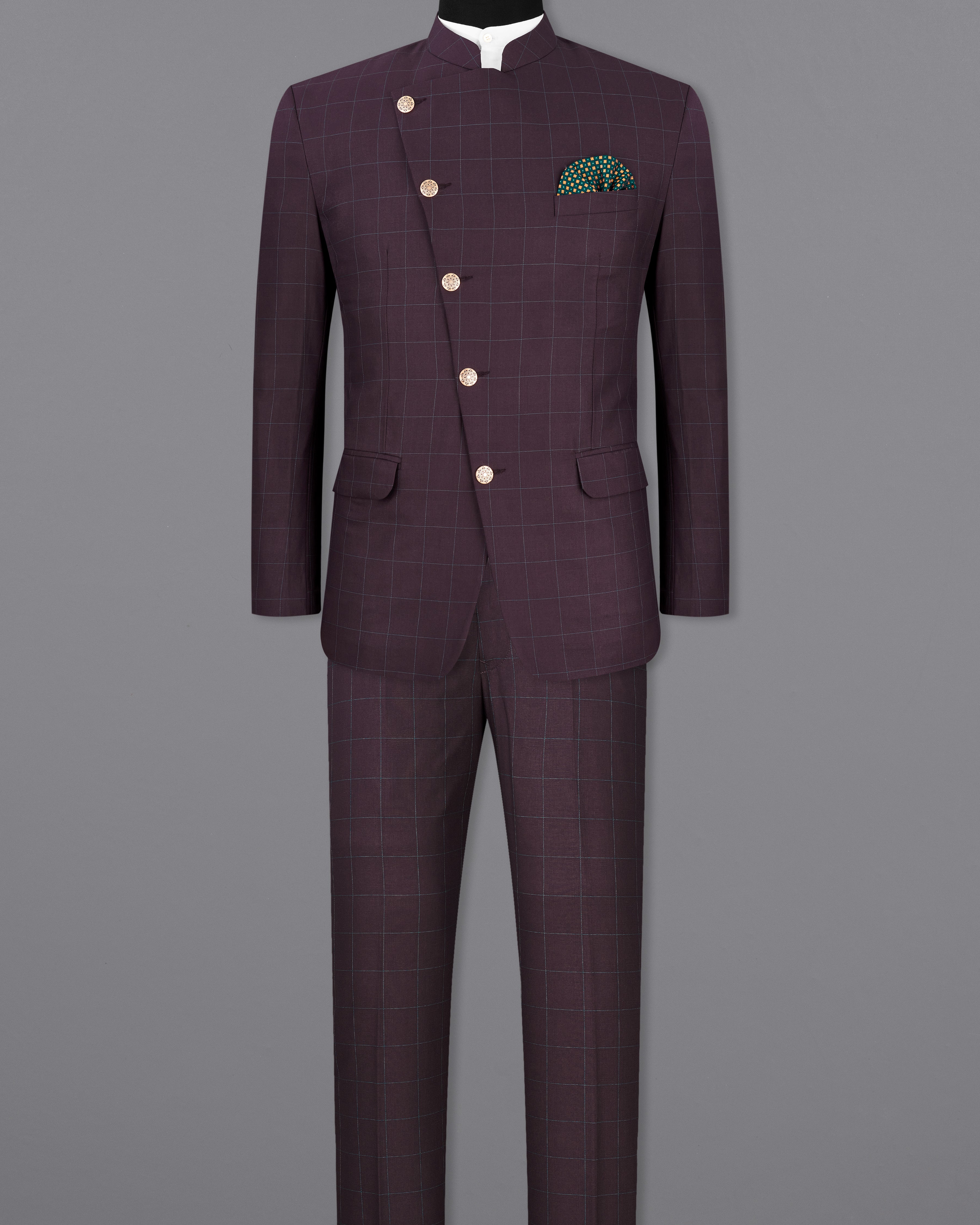 Thunder Maroon Windowpane Cross Buttoned Bandhgala Suit ST2332-CBG-36, ST2332-CBG-38, ST2332-CBG-40, ST2332-CBG-42, ST2332-CBG-44, ST2332-CBG-46, ST2332-CBG-48, ST2332-CBG-50, ST2332-CBG-52, ST2332-CBG-54, ST2332-CBG-56, ST2332-CBG-58, ST2332-CBG-60	