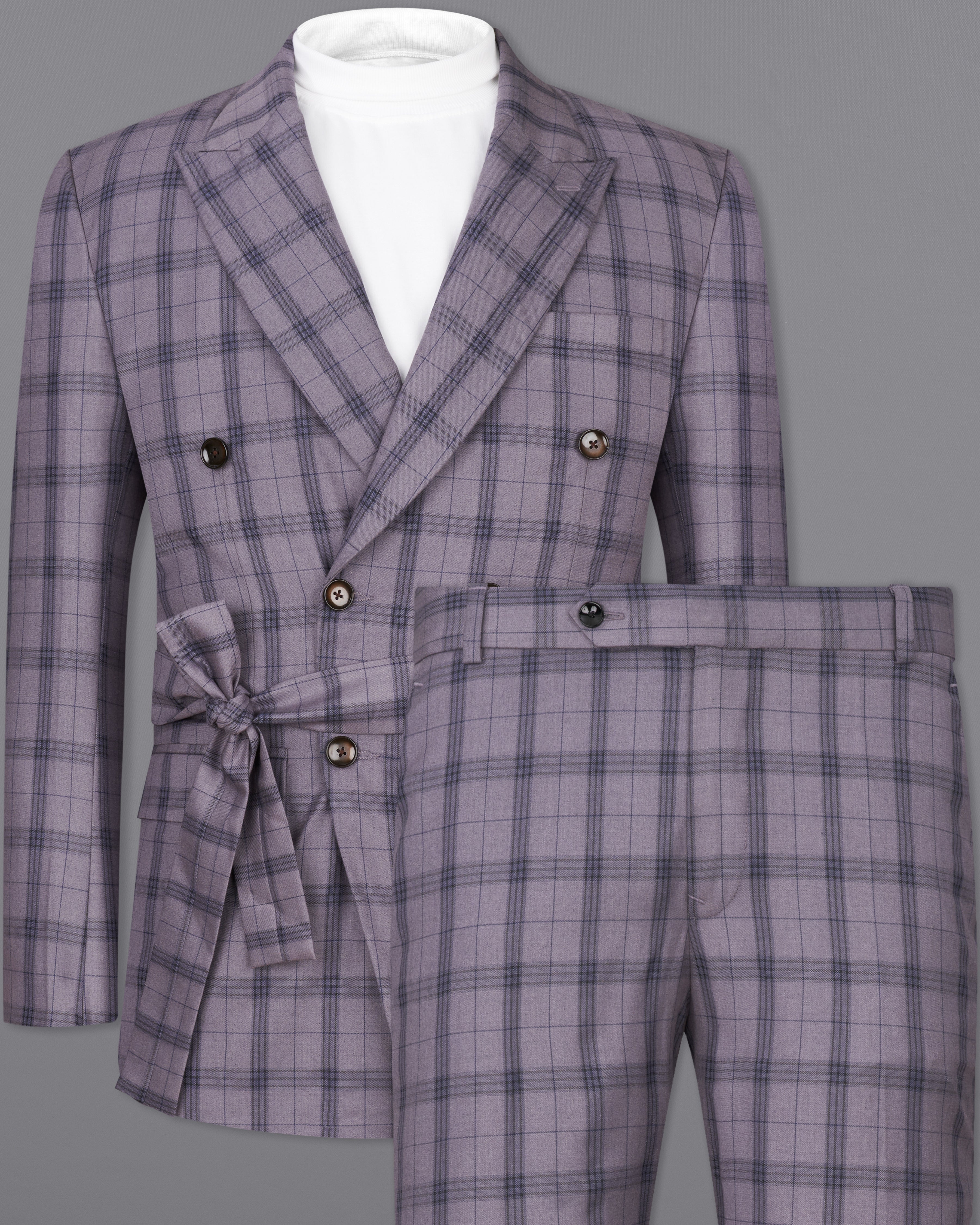 Gunsmoke Purple with Brown Plaid Double Breasted Designer Suit with Belt Closure ST2371-DB-D8-36, ST2371-DB-D8-38, ST2371-DB-D8-40, ST2371-DB-D8-42, ST2371-DB-D8-44, ST2371-DB-D8-46, ST2371-DB-D8-48, ST2371-DB-D8-50, ST2371-DB-D8-52, ST2371-DB-D8-54, ST2371-DB-D8-56, ST2371-DB-D8-58, ST2371-DB-D8-60