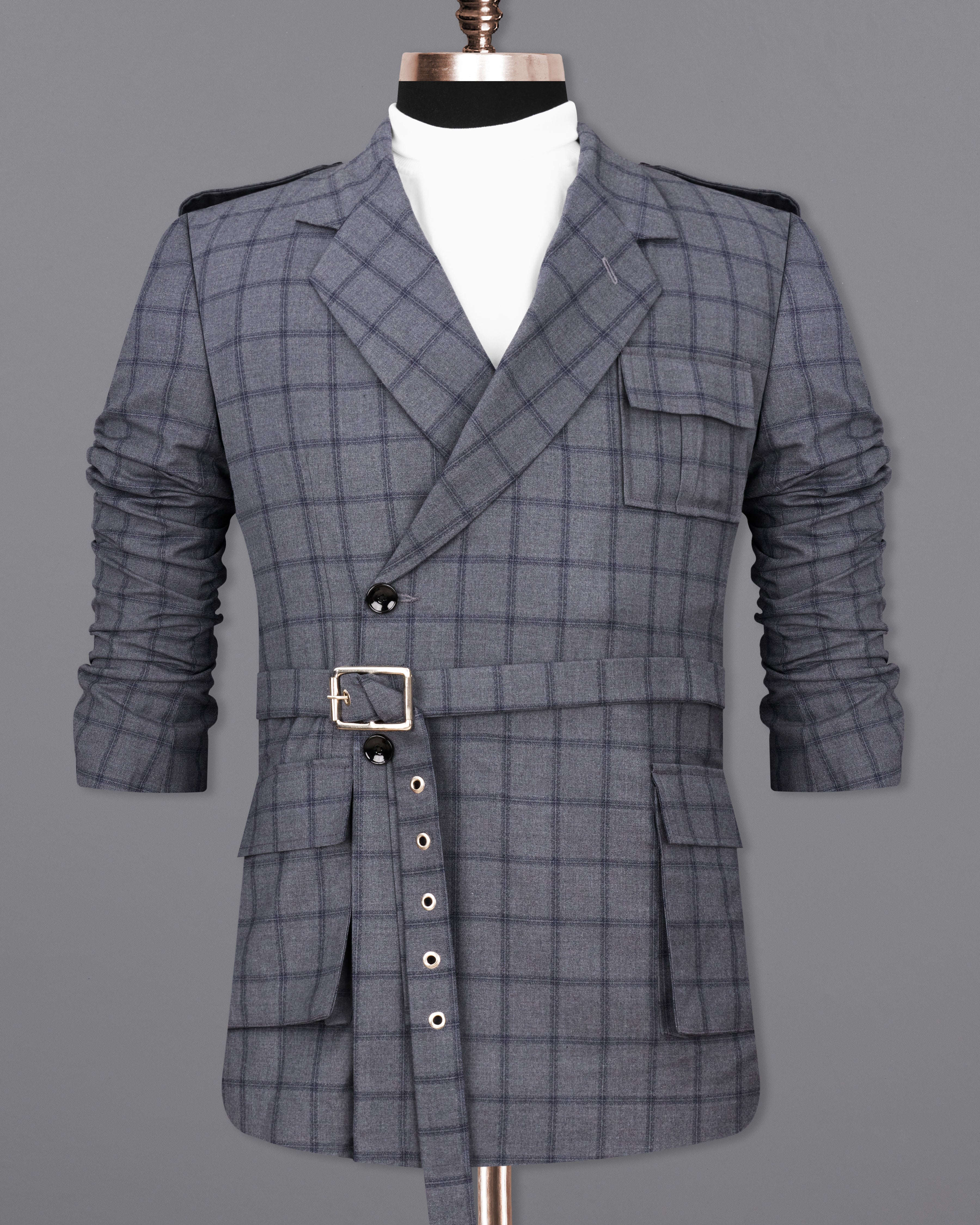 Wenge Gray Windowpane Double Breasted Designer Suit with Belt Closure ST2373-DB-D43-36, ST2373-DB-D43-38, ST2373-DB-D43-40, ST2373-DB-D43-42, ST2373-DB-D43-44, ST2373-DB-D43-46, ST2373-DB-D43-48, ST2373-DB-D43-50, ST2373-DB-D43-52, ST2373-DB-D43-54, ST2373-DB-D43-56, ST2373-DB-D43-58, ST2373-DB-D43-60
