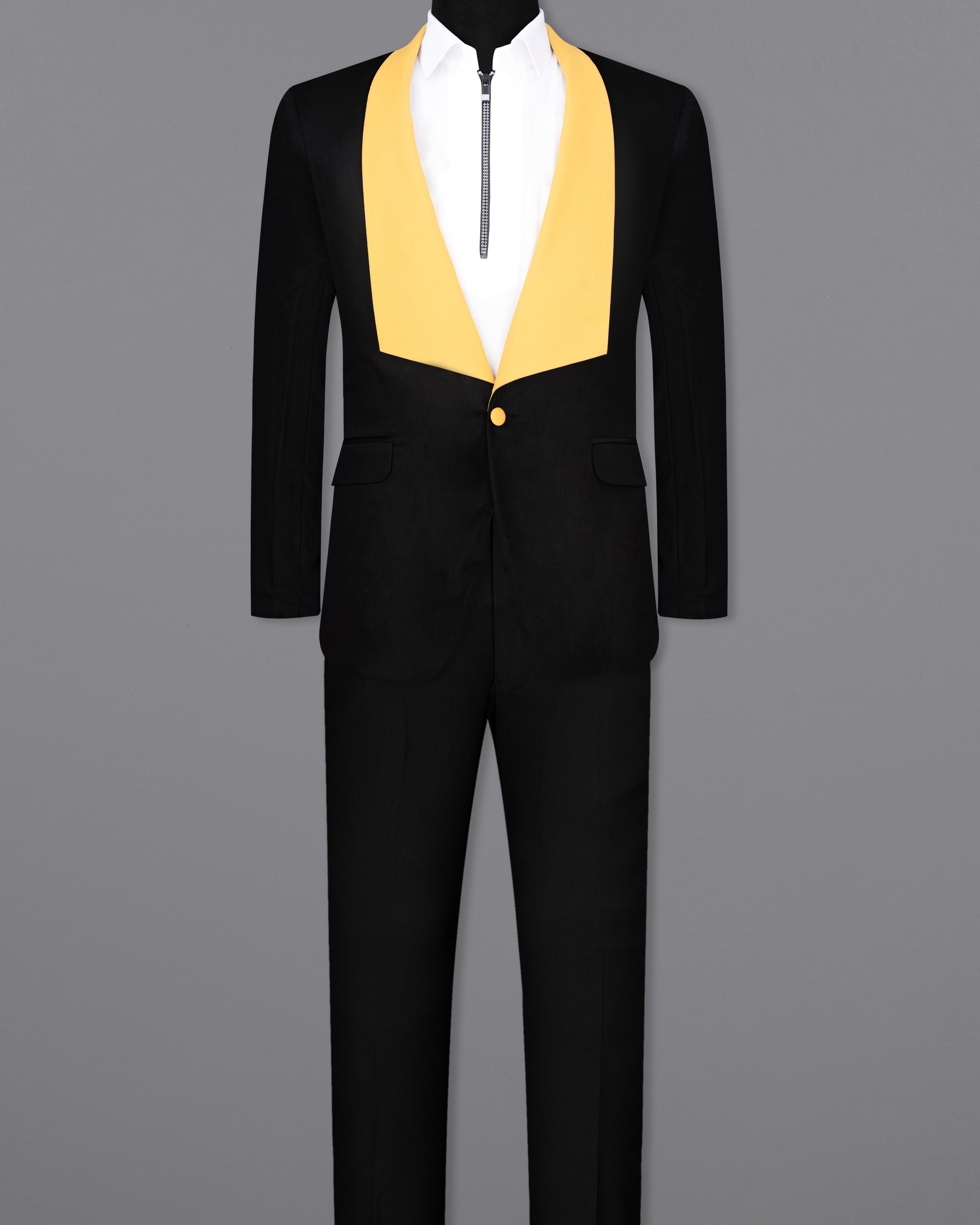 Jade Black With Yellow Lapel Designer Single-Breasted Designer Suit ST2380-D235-36, ST2380-D235-38, ST2380-D235-40, ST2380-D235-42, ST2380-D235-44, ST2380-D235-46, ST2380-D235-48, ST2380-D235-50, ST2380-D235-52, ST2380-D235-54, ST2380-D235-56, ST2380-D235-58, ST2380-D235-60