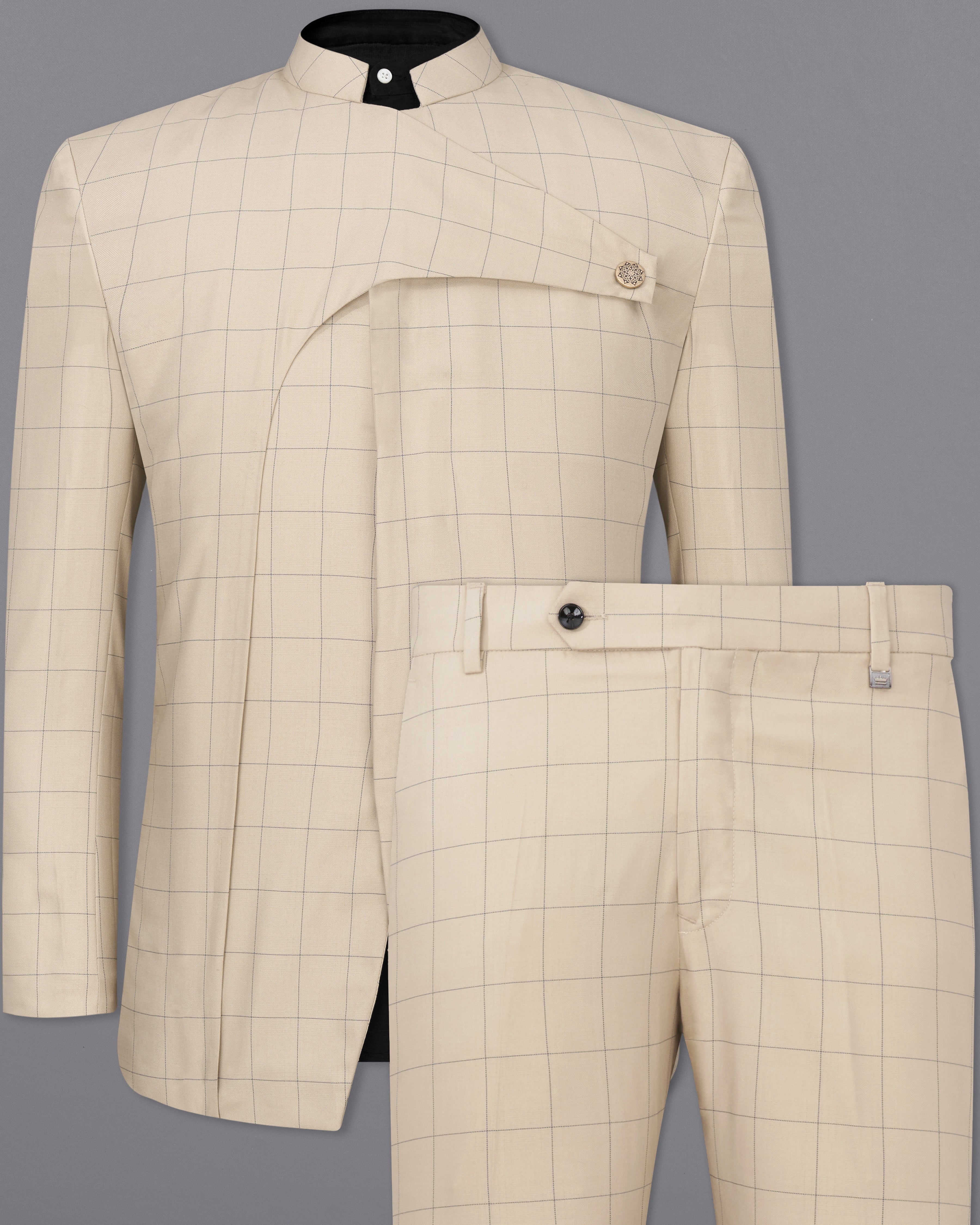 Hampton Cream Windowpane Bandhgala Designer Suit ST2382-D238-36, ST2382-D238-38, ST2382-D238-40, ST2382-D238-42, ST2382-D238-44, ST2382-D238-46, ST2382-D238-48, ST2382-D238-50, ST2382-D238-52, ST2382-D238-54, ST2382-D238-56, ST2382-D238-58, ST2382-D238-60