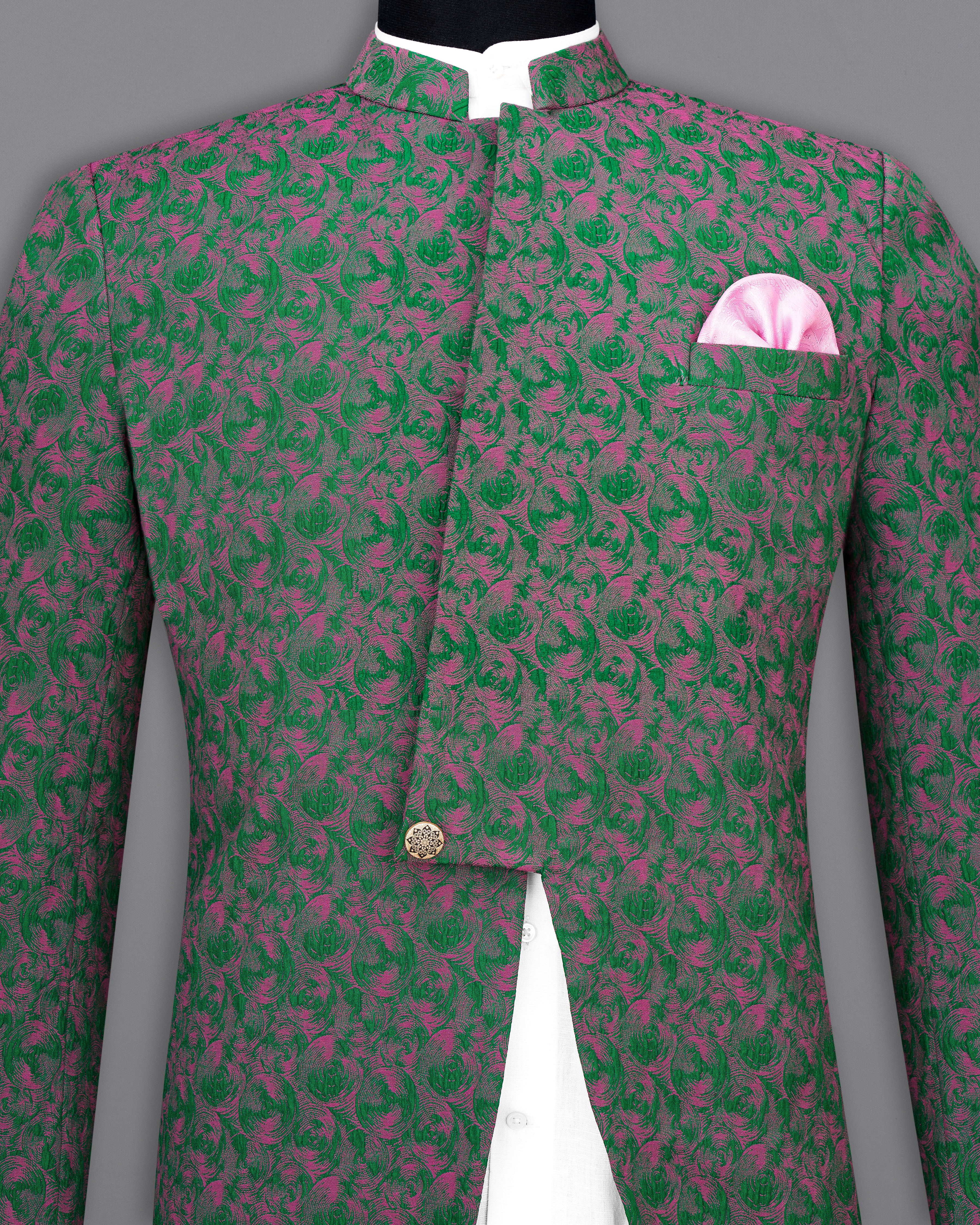 Dartmouth Green with Mulberry Pink Ditsy Textured Bandhgala Designer Suit
