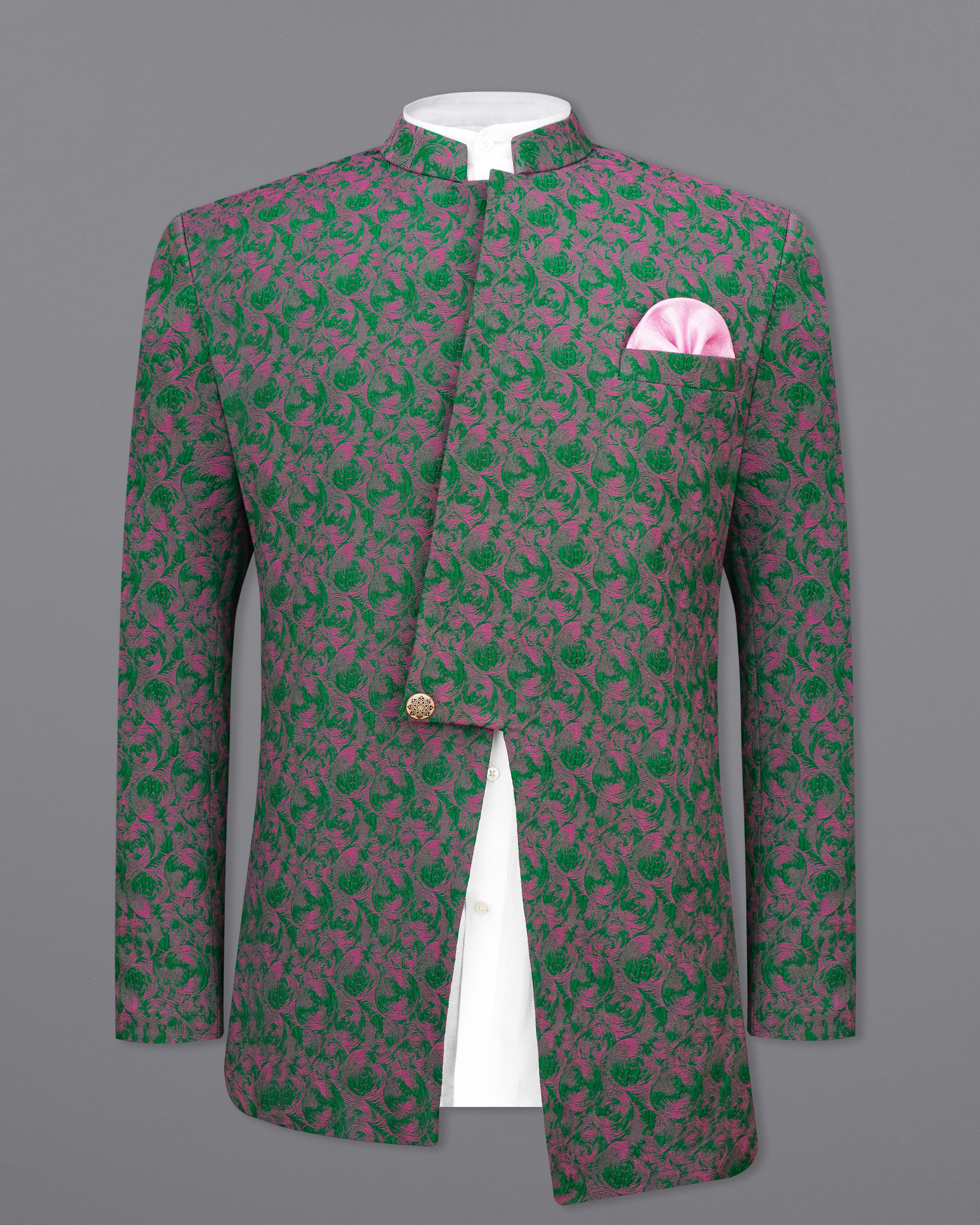 Dartmouth Green with Mulberry Pink Ditsy Textured Bandhgala Designer Suit