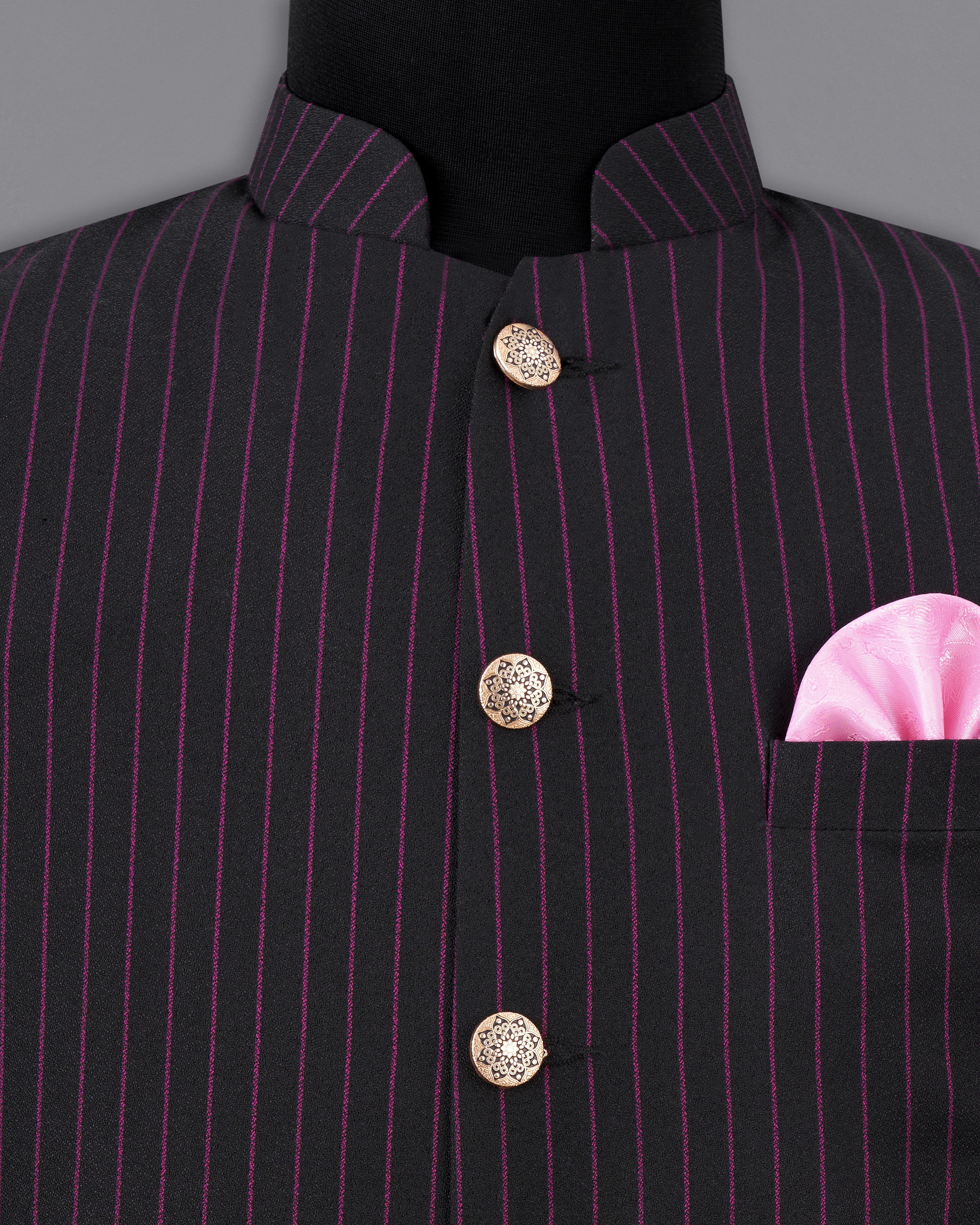 Zeus Black with Dark Mauve Pink Striped Cross-Buttoned Bandhgala Suit ST2479-CBG-36, ST2479-CBG-38, ST2479-CBG-40, ST2479-CBG-42, ST2479-CBG-44, ST2479-CBG-46, ST2479-CBG-48, ST2479-CBG-50, ST2479-CBG-52, ST2479-CBG-54, ST2479-CBG-56, ST2479-CBG-58, ST2479-CBG-60