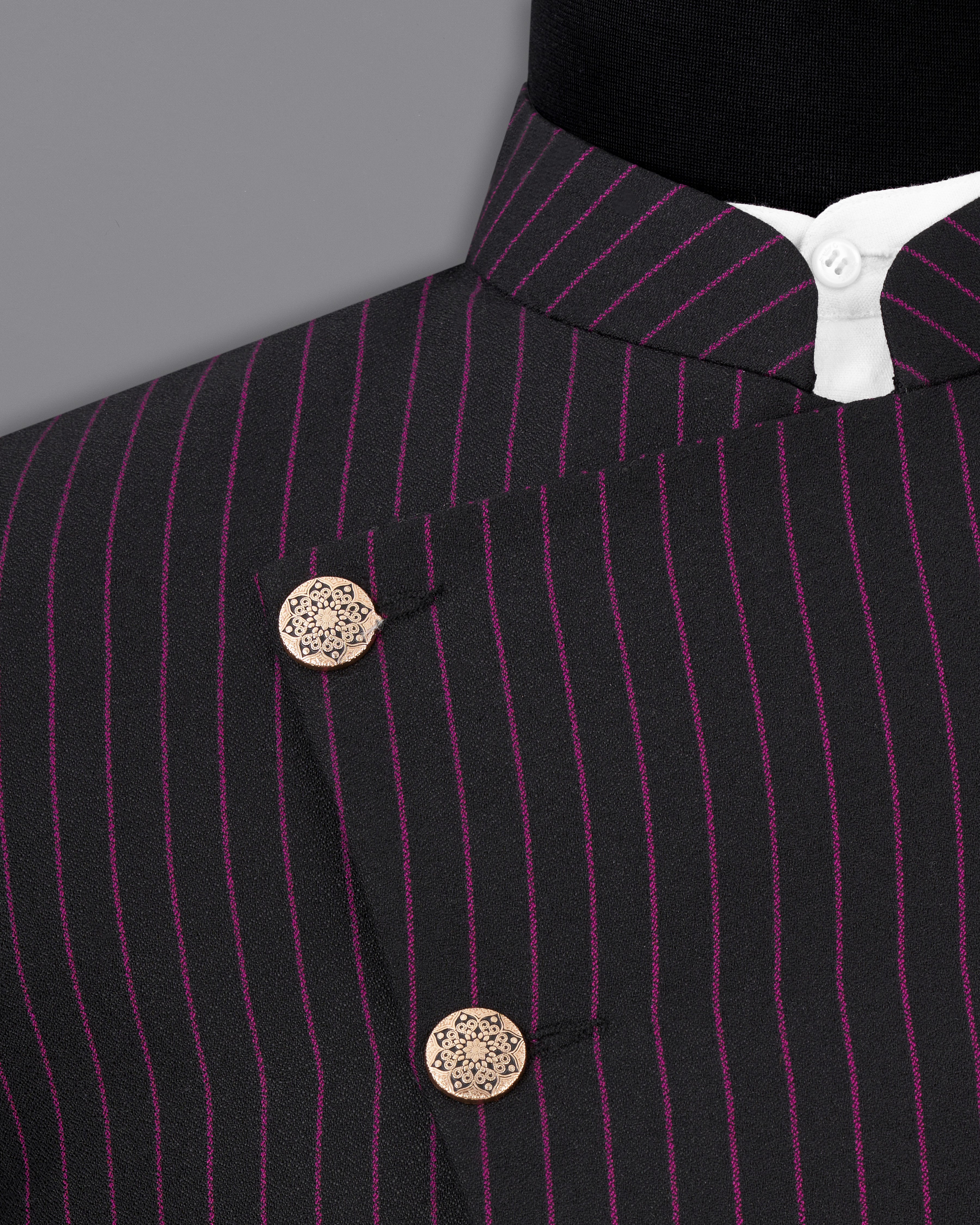 Zeus Black with Dark Mauve Pink Striped Cross-Buttoned Bandhgala Suit ST2479-CBG-36, ST2479-CBG-38, ST2479-CBG-40, ST2479-CBG-42, ST2479-CBG-44, ST2479-CBG-46, ST2479-CBG-48, ST2479-CBG-50, ST2479-CBG-52, ST2479-CBG-54, ST2479-CBG-56, ST2479-CBG-58, ST2479-CBG-60