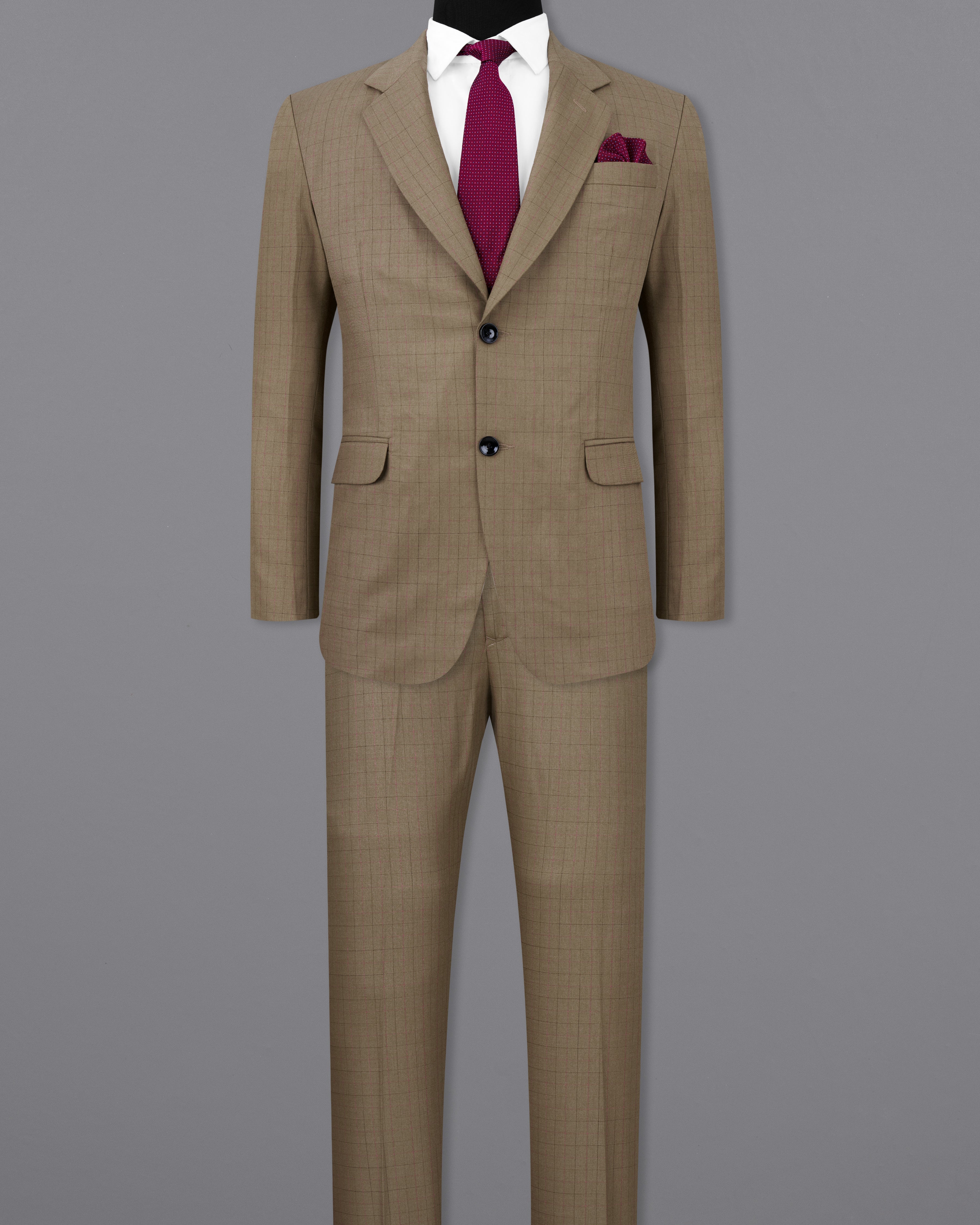 Dark Taupe Brown Plaid Single Breasted Suit ST2482-SB-36, ST2482-SB-38, ST2482-SB-40, ST2482-SB-42, ST2482-SB-44, ST2482-SB-46, ST2482-SB-48, ST2482-SB-50, ST2482-SB-52, ST2482-SB-54, ST2482-SB-56, ST2482-SB-58, ST2482-SB-60