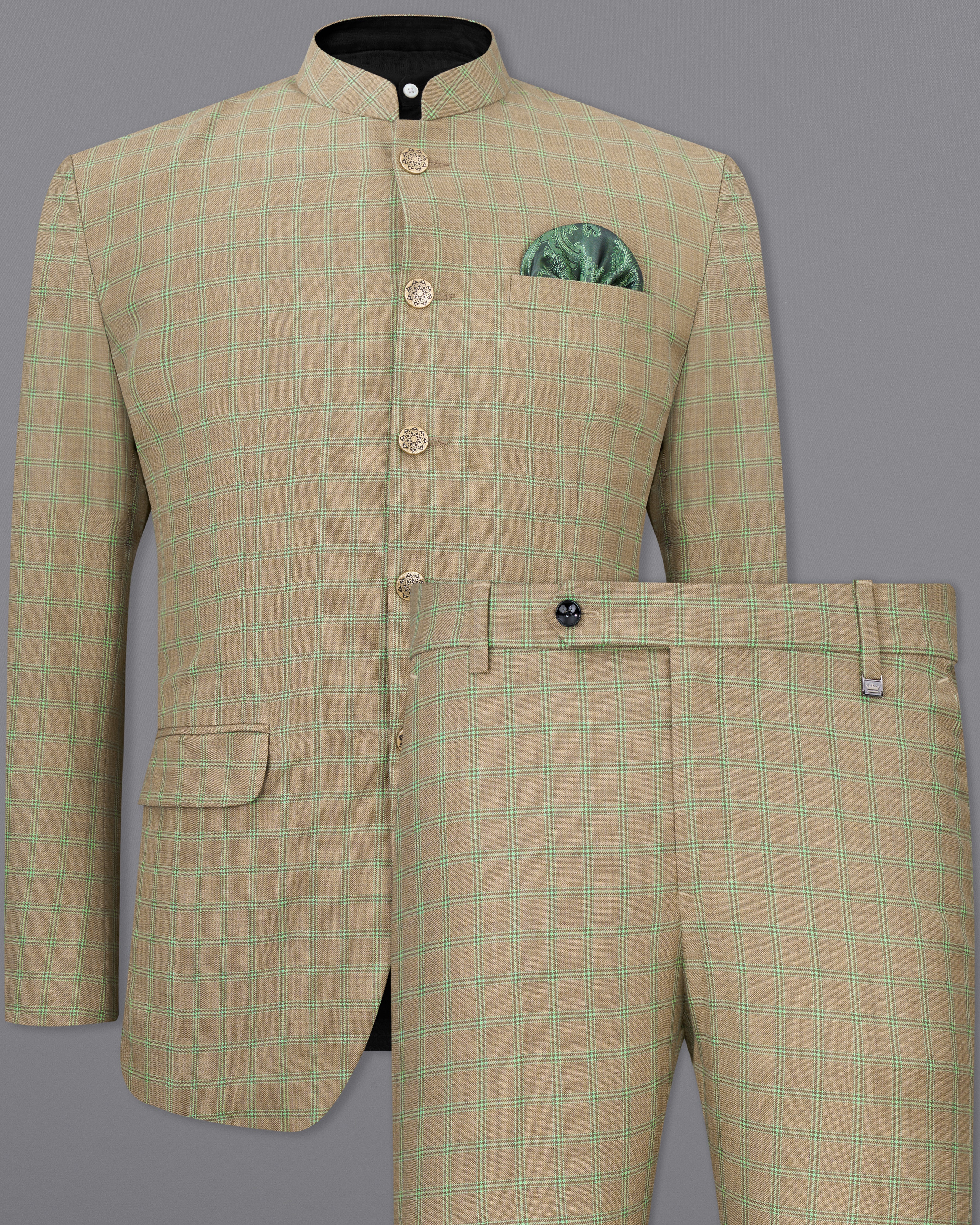 Sandrift Brown with Sprout Green Plaid Bandhgala Suit ST2483-BG-36, ST2483-BG-38, ST2483-BG-40, ST2483-BG-42, ST2483-BG-44, ST2483-BG-46, ST2483-BG-48, ST2483-BG-50, ST2483-BG-52, ST2483-BG-54, ST2483-BG-56, ST2483-BG-58, ST2483-BG-60