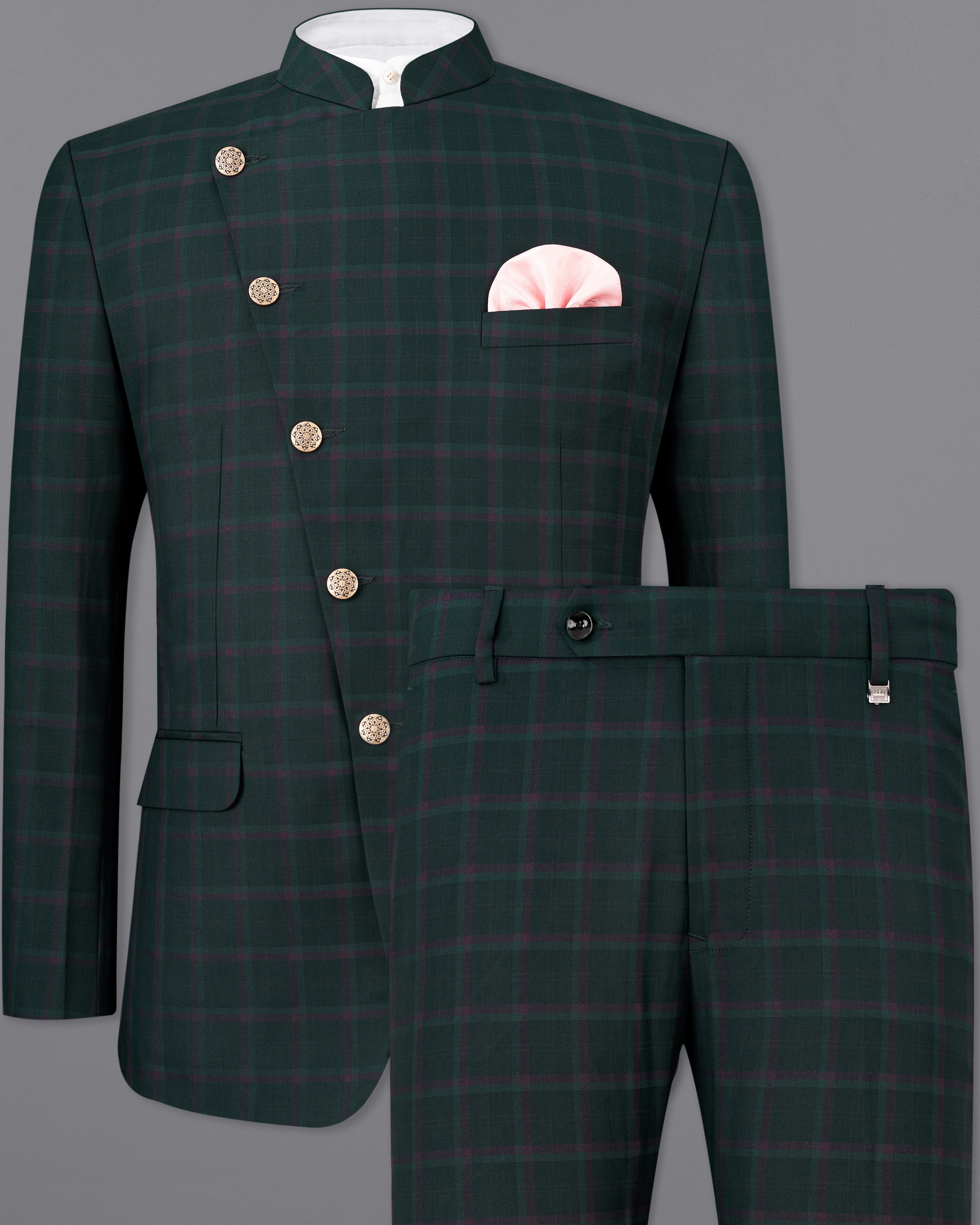 Timber Green Plaid Cross-Buttoned Bandhgala Suit ST2484-CBG-36, ST2484-CBG-38, ST2484-CBG-40, ST2484-CBG-42, ST2484-CBG-44, ST2484-CBG-46, ST2484-CBG-48, ST2484-CBG-50, ST2484-CBG-52, ST2484-CBG-54, ST2484-CBG-56, ST2484-CBG-58, ST2484-CBG-60