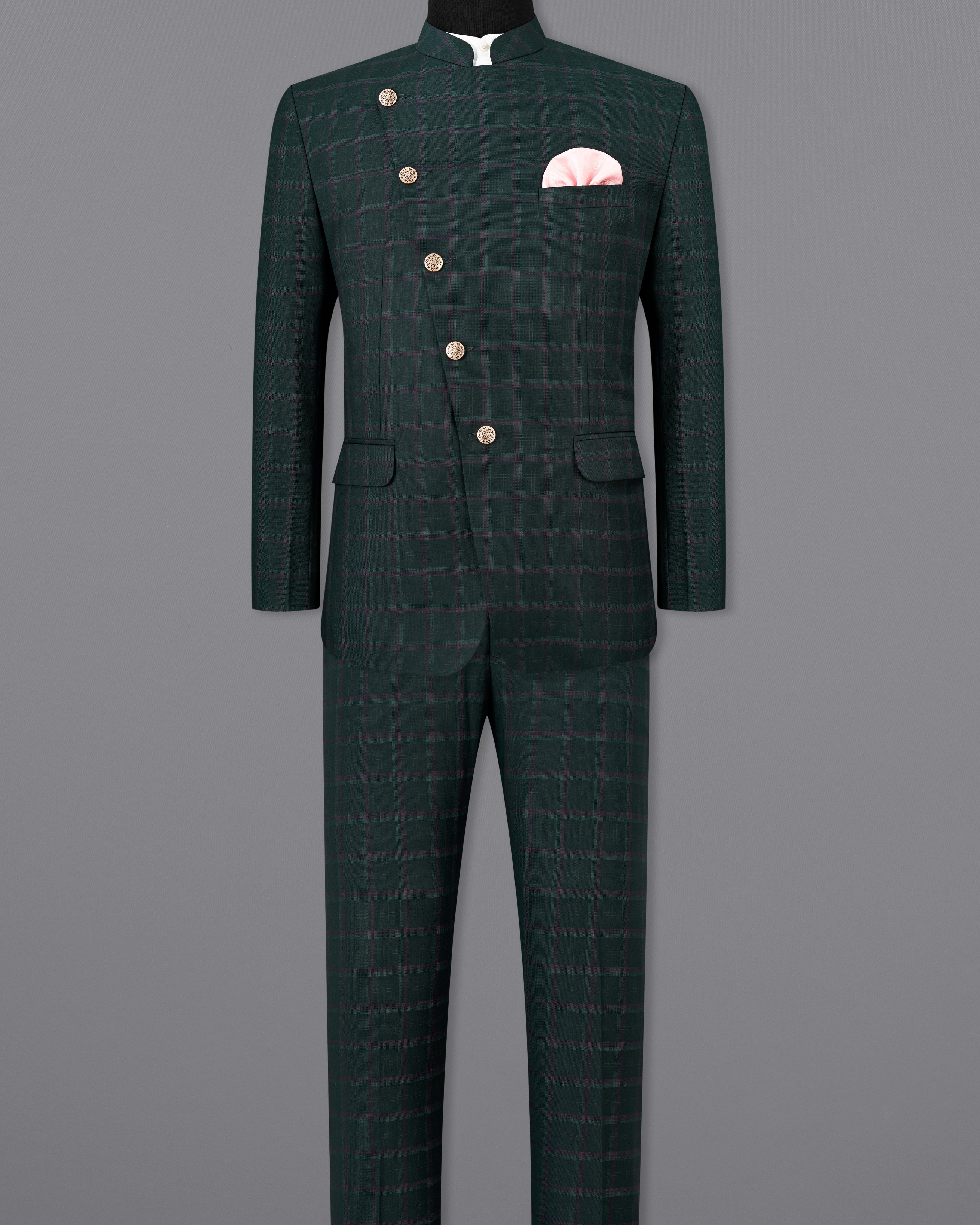 Timber Green Plaid Cross-Buttoned Bandhgala Suit ST2484-CBG-36, ST2484-CBG-38, ST2484-CBG-40, ST2484-CBG-42, ST2484-CBG-44, ST2484-CBG-46, ST2484-CBG-48, ST2484-CBG-50, ST2484-CBG-52, ST2484-CBG-54, ST2484-CBG-56, ST2484-CBG-58, ST2484-CBG-60