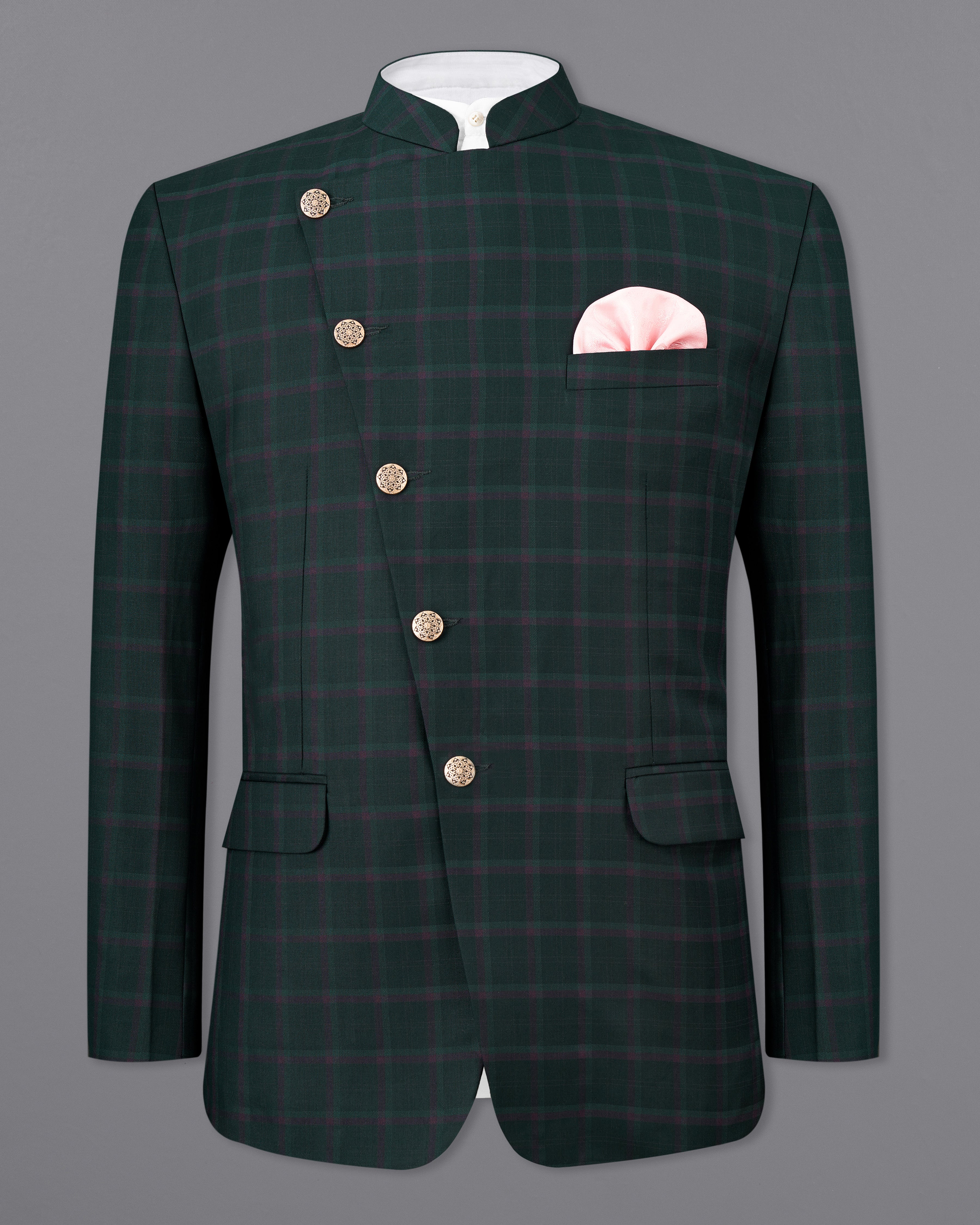 Timber Green Plaid Cross-Buttoned Bandhgala Suit ST2484-CBG-36, ST2484-CBG-38, ST2484-CBG-40, ST2484-CBG-42, ST2484-CBG-44, ST2484-CBG-46, ST2484-CBG-48, ST2484-CBG-50, ST2484-CBG-52, ST2484-CBG-54, ST2484-CBG-56, ST2484-CBG-58, ST2484-CBG-60