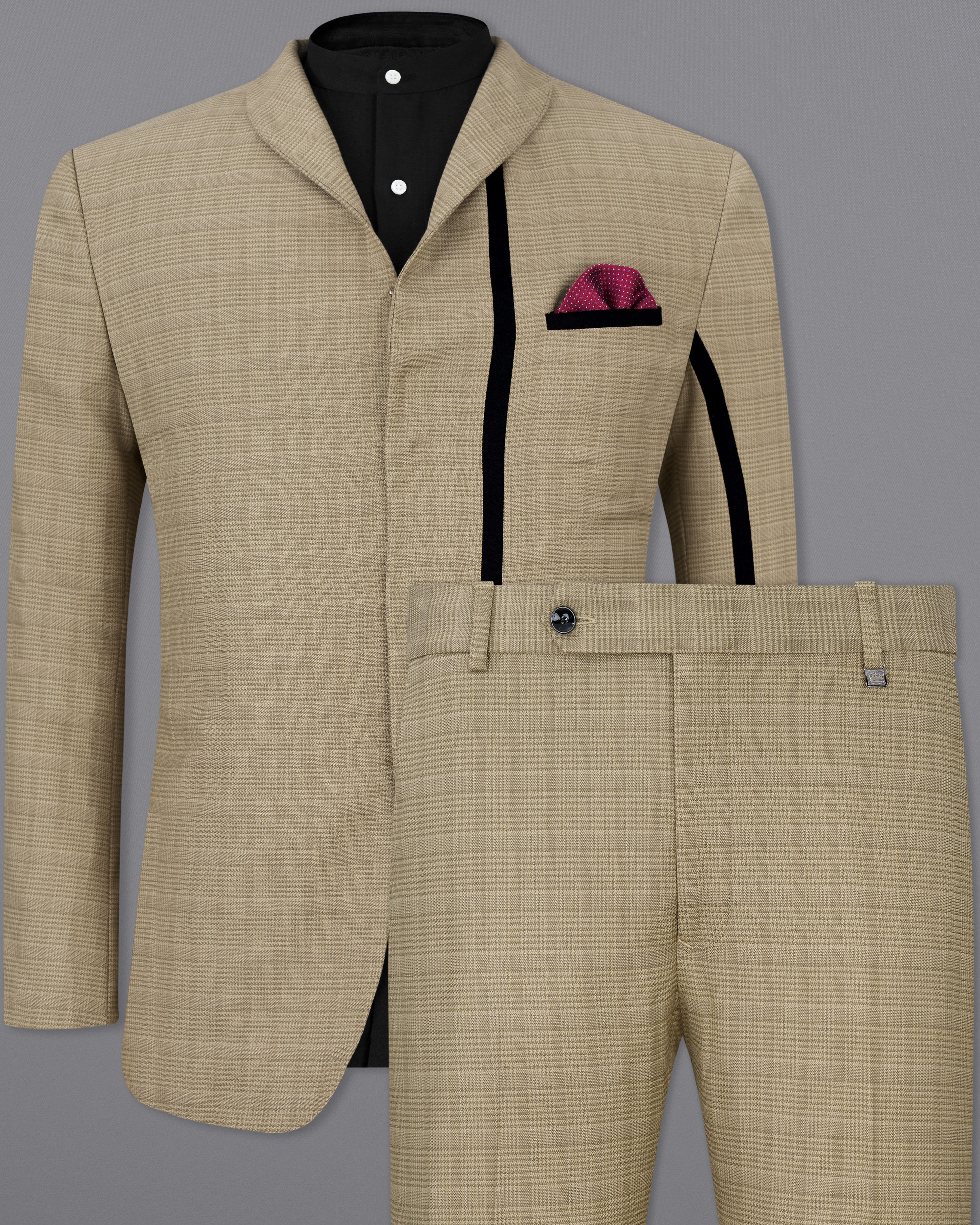 Pale Taupe Brown Plaid with Black Patchwork Wool Rich Suit ST2511-D20-36, ST2511-D20-38, ST2511-D20-40, ST2511-D20-42, ST2511-D20-44, ST2511-D20-46, ST2511-D20-48, ST2511-D20-50, ST2511-D20-52, ST2511-D20-54, ST2511-D20-56, ST2511-D20-58, ST2511-D20-60