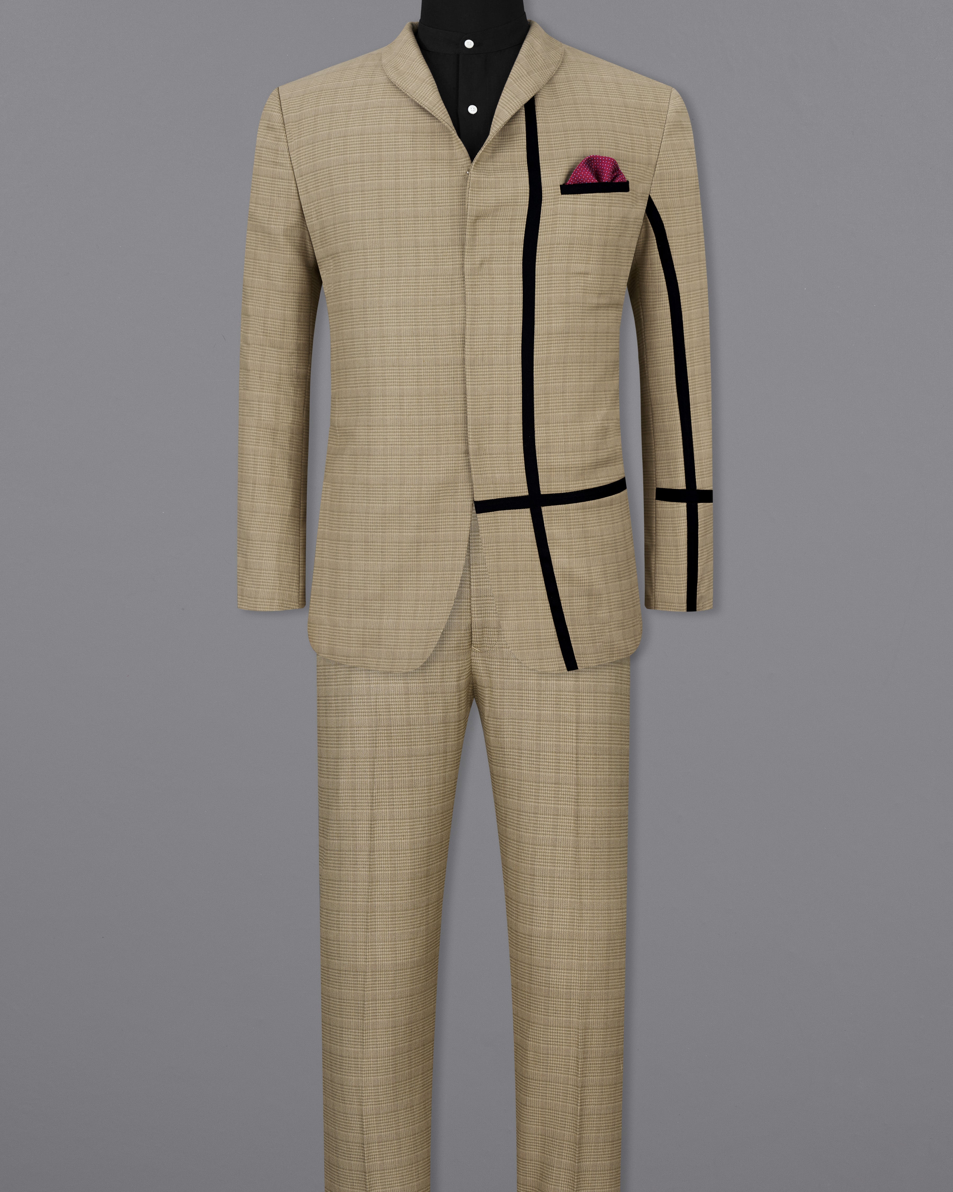 Pale Taupe Brown Plaid with Black Patchwork Wool Rich Suit ST2511-D20-36, ST2511-D20-38, ST2511-D20-40, ST2511-D20-42, ST2511-D20-44, ST2511-D20-46, ST2511-D20-48, ST2511-D20-50, ST2511-D20-52, ST2511-D20-54, ST2511-D20-56, ST2511-D20-58, ST2511-D20-60