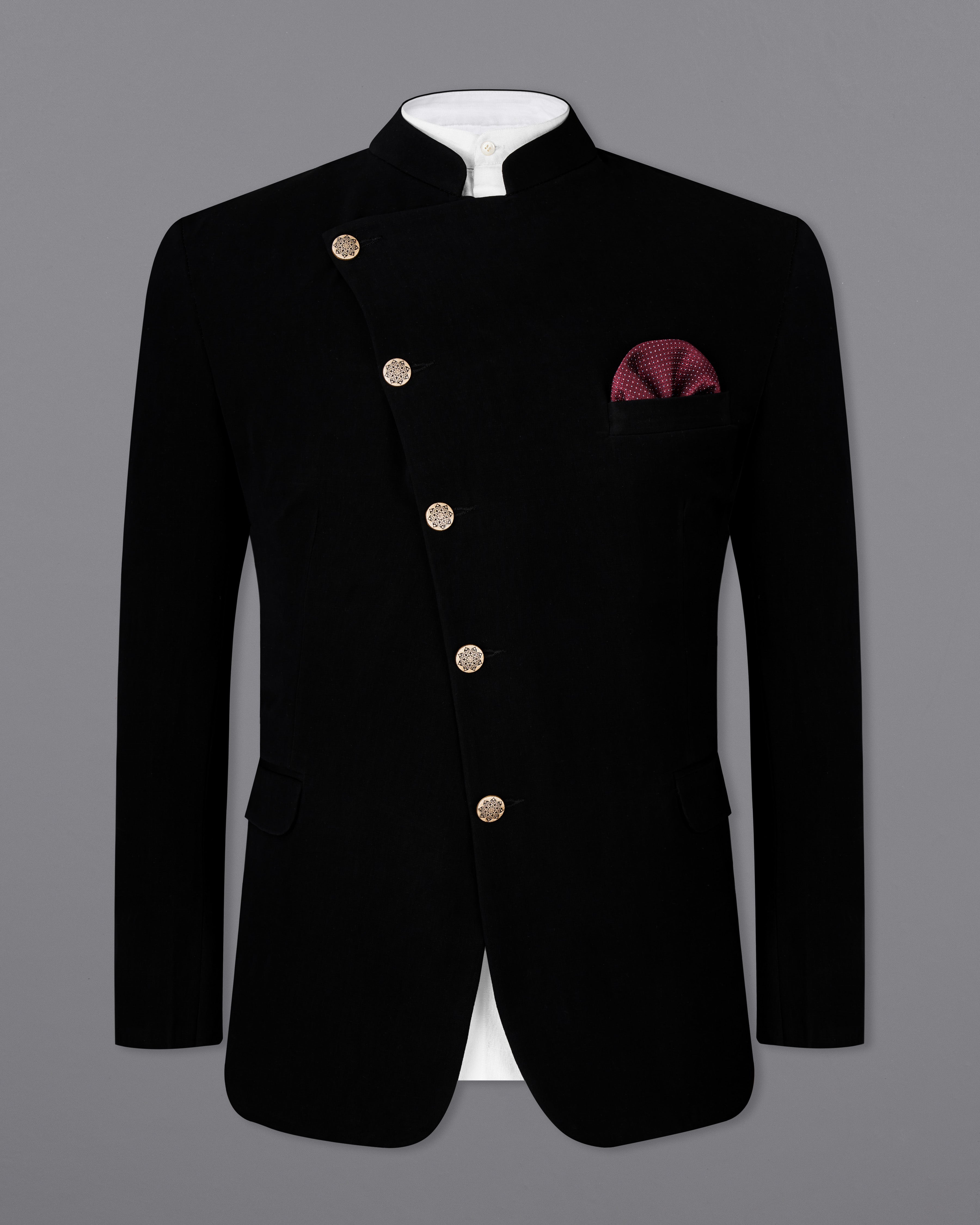 Korean Black Cross Buttoned Bandhgala Suit ST2552-CBG-36, ST2552-CBG-38, ST2552-CBG-40, ST2552-CBG-42, ST2552-CBG-44, ST2552-CBG-46, ST2552-CBG-48, ST2552-CBG-50, ST2552-CBG-55, ST2552-CBG-54, ST2552-CBG-56, ST2552-CBG-58, ST2552-CBG-60