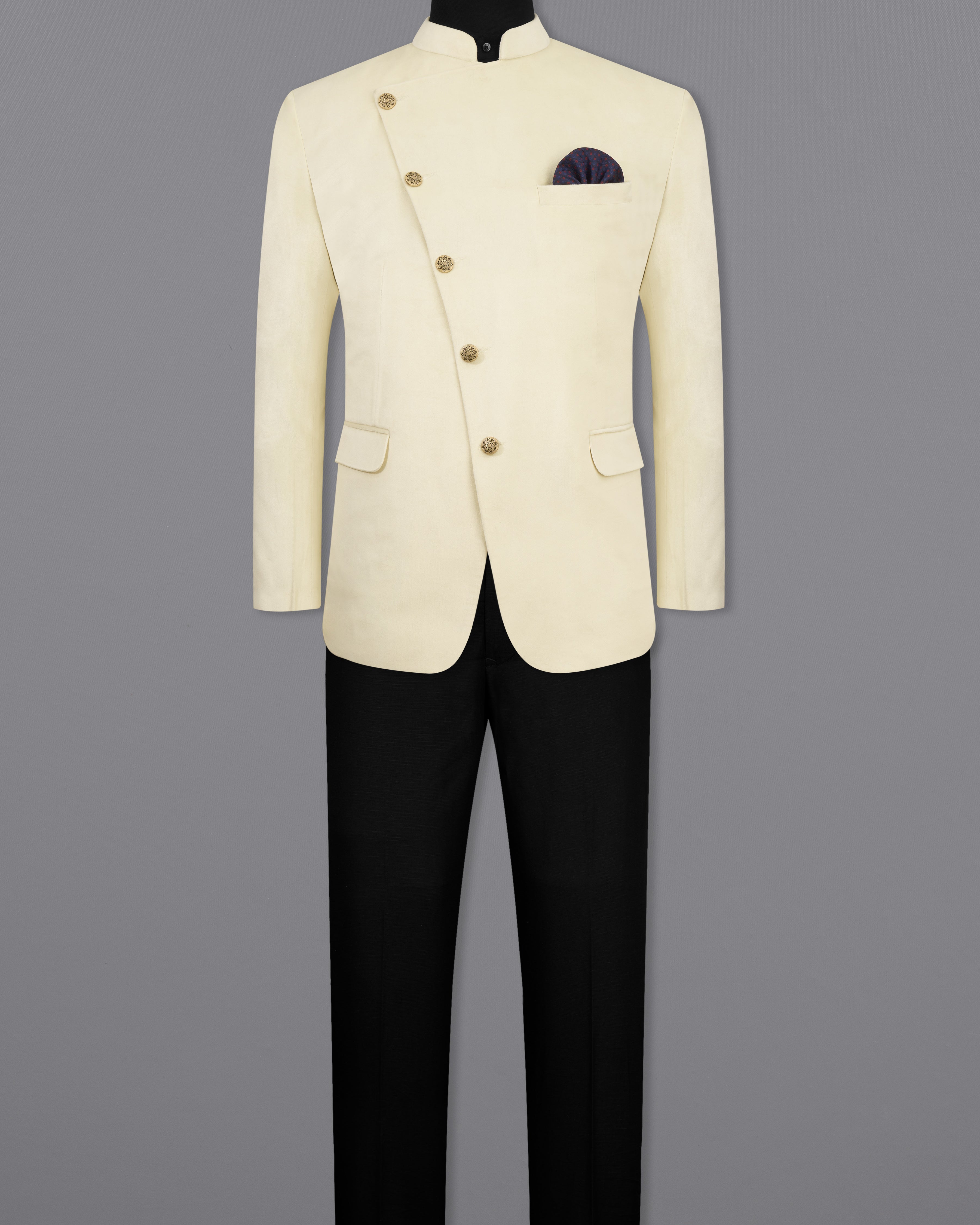 Eggshell Cream Cross Buttoned Bandhgala Velvet Suit ST2590-CBG-36,ST2590-CBG-38,ST2590-CBG-40,ST2590-CBG-42,ST2590-CBG-44,ST2590-CBG-46,ST2590-CBG-48,ST2590-CBG-50,,ST2590-CBG-52,ST2590-CBG-54,ST2590-CBG-56,ST2590-CBG-58,ST2590-CBG-60