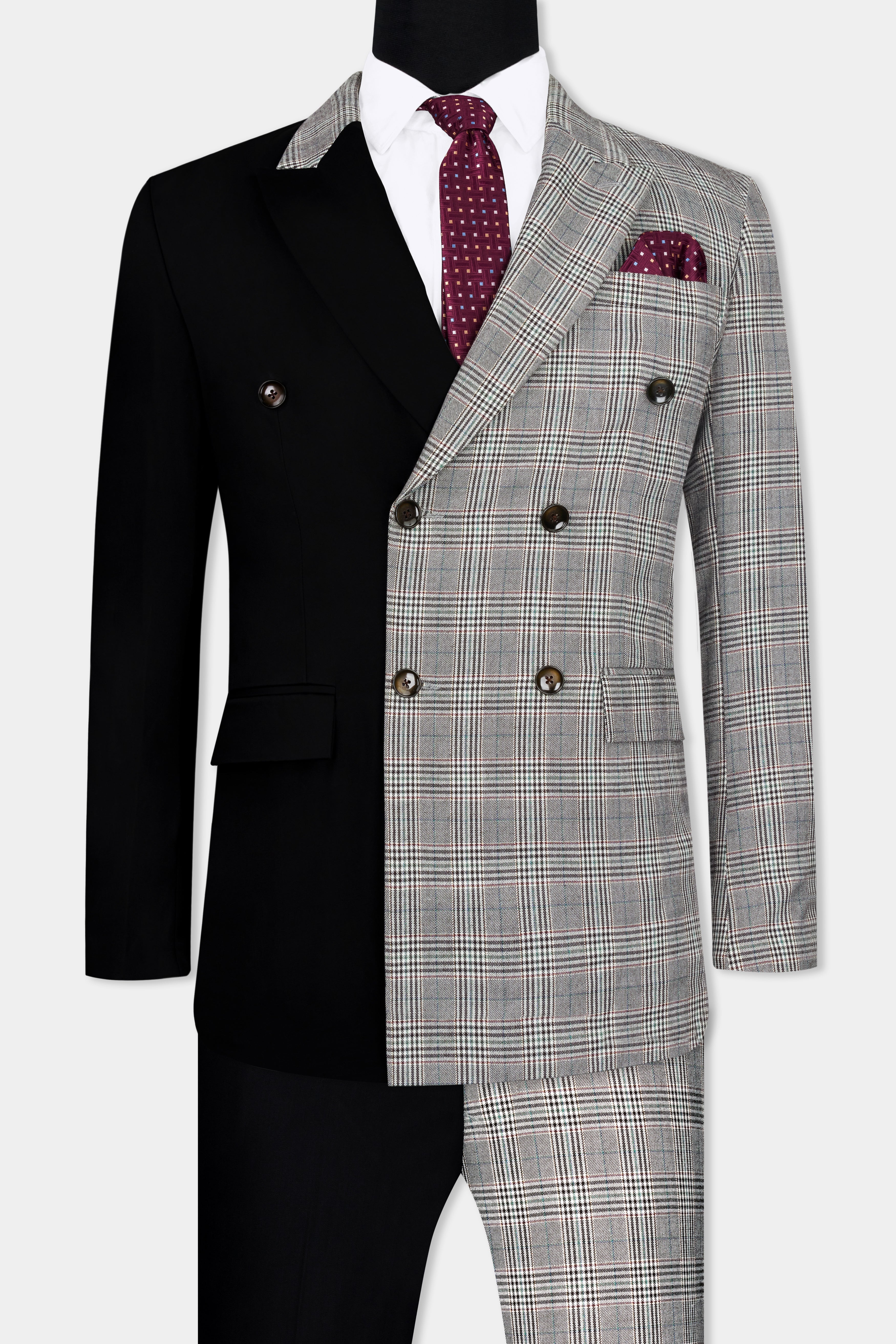 Half Black and Half Battleship Gray Checkered Wool Rich Double Breasted Designer Suit ST2748-DB-D126-36,ST2748-DB-D126-38,ST2748-DB-D126-40,ST2748-DB-D126-42,ST2748-DB-D126-44,ST2748-DB-D126-46,ST2748-DB-D126-48,ST2748-DB-D126-50,ST2748-DB-D126-52,ST2748-DB-D126-54,ST2748-DB-D126-56,ST2748-DB-D126-58,ST2748-DB-D126-60
