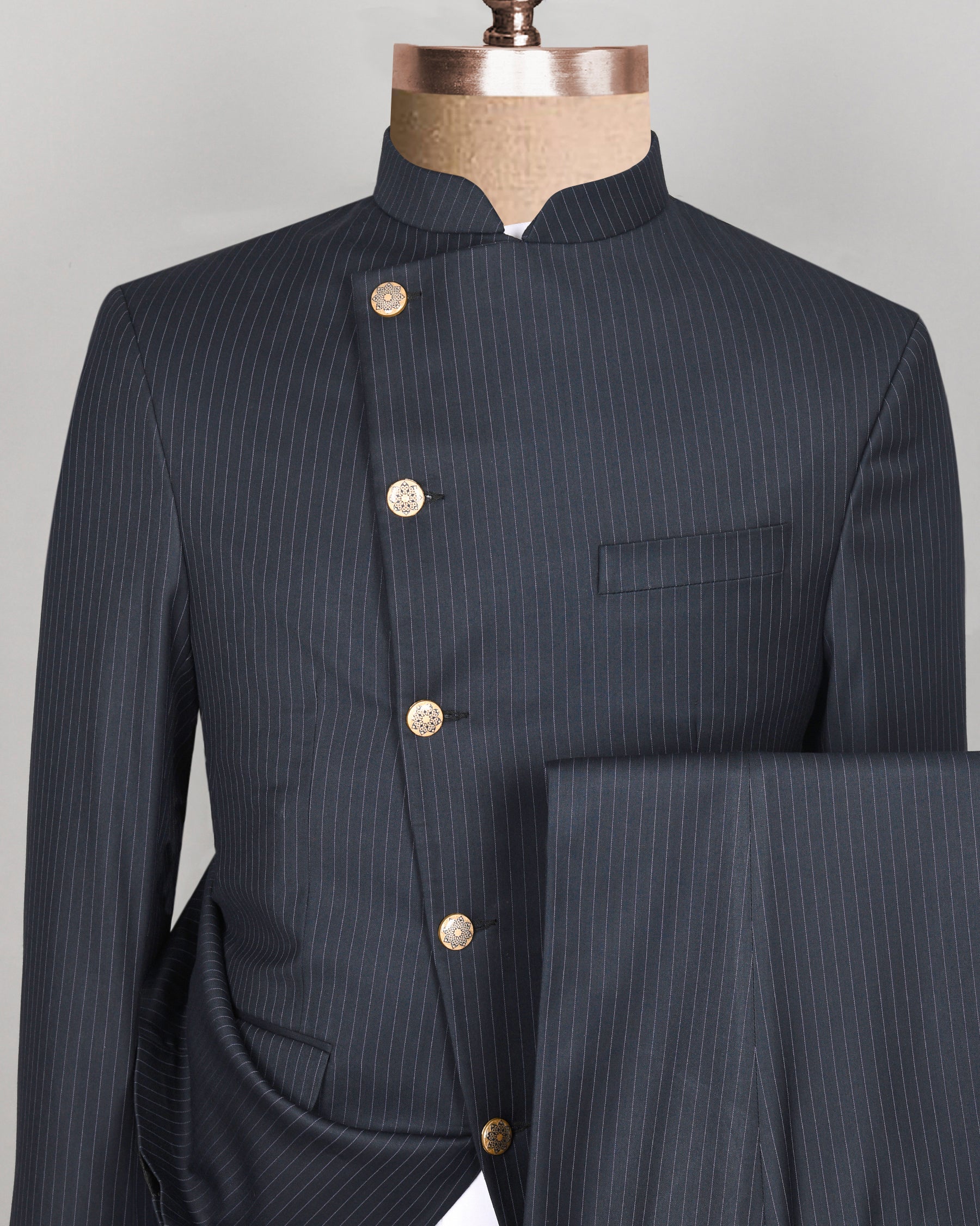 Jade Black Pinstriped Cross Placket Bandhgala/Mandarin wool blend Suit