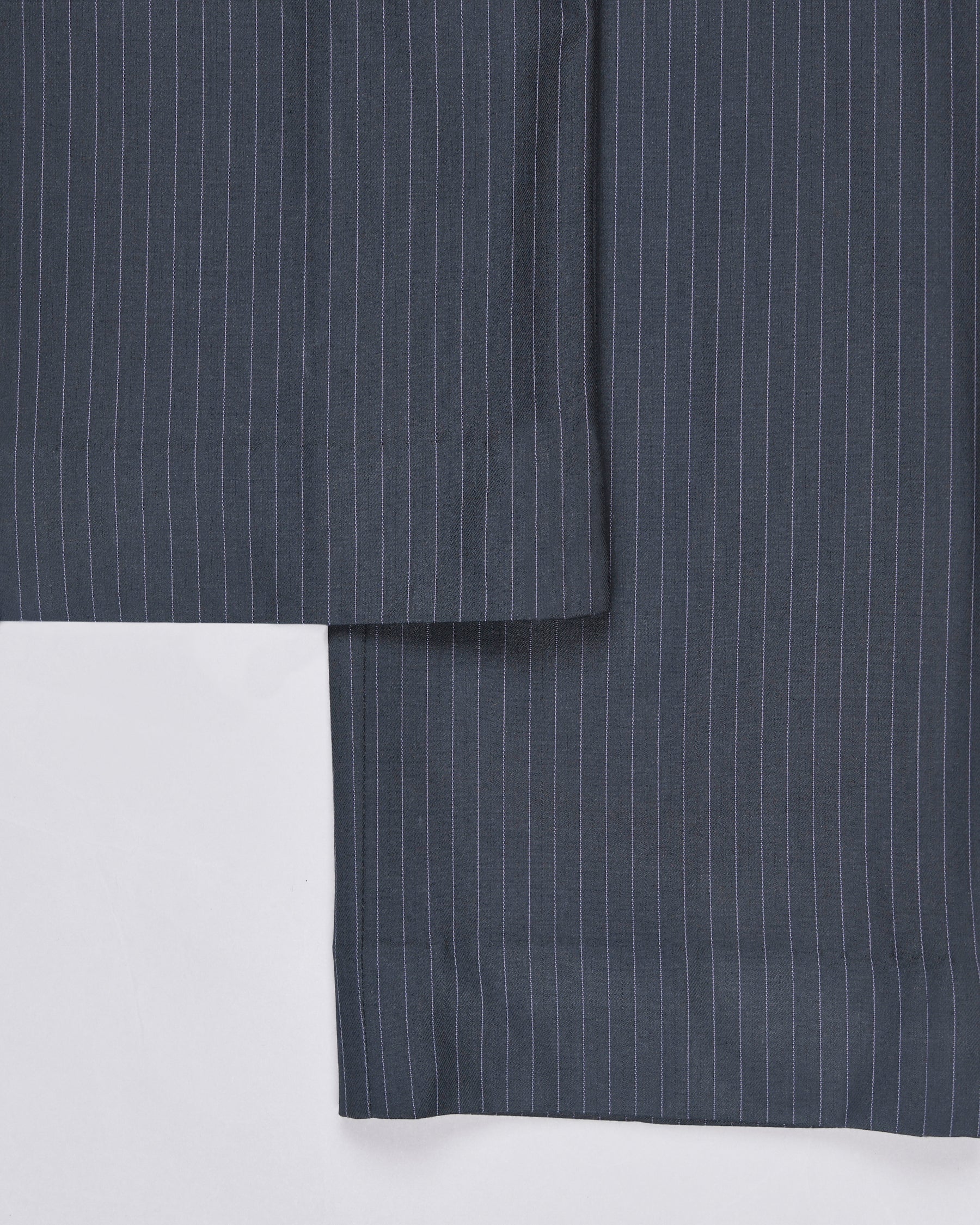 Jade Black Pinstriped Cross Placket Bandhgala/Mandarin wool blend Suit