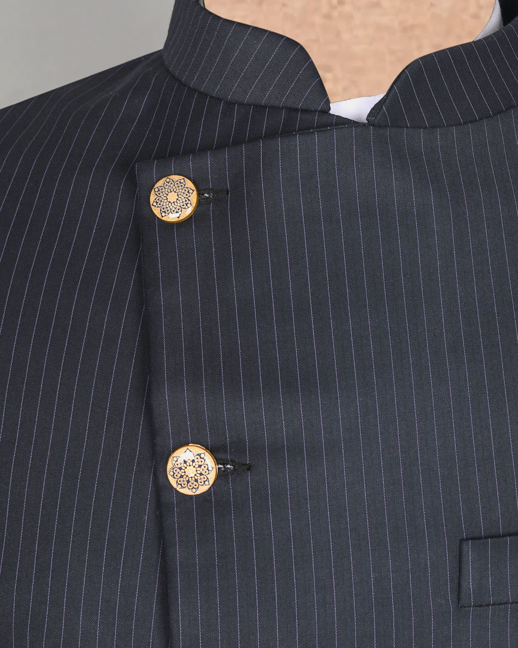 Jade Black Pinstriped Cross Placket Bandhgala/Mandarin wool blend Suit