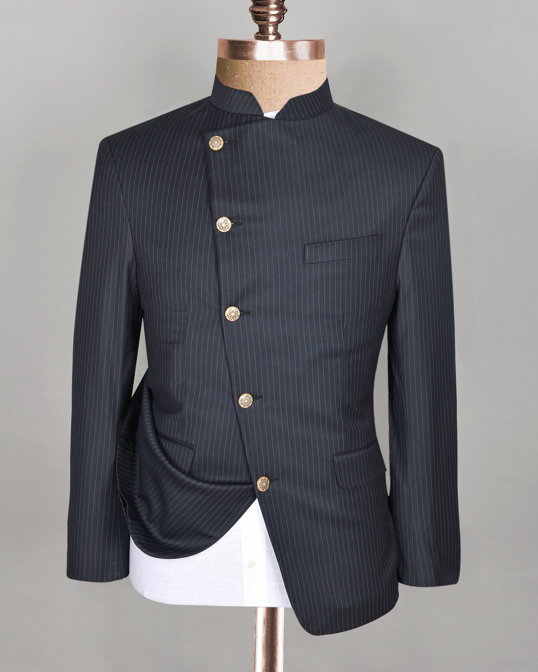 Jade Black Pinstriped Cross Placket Bandhgala/Mandarin wool blend Suit